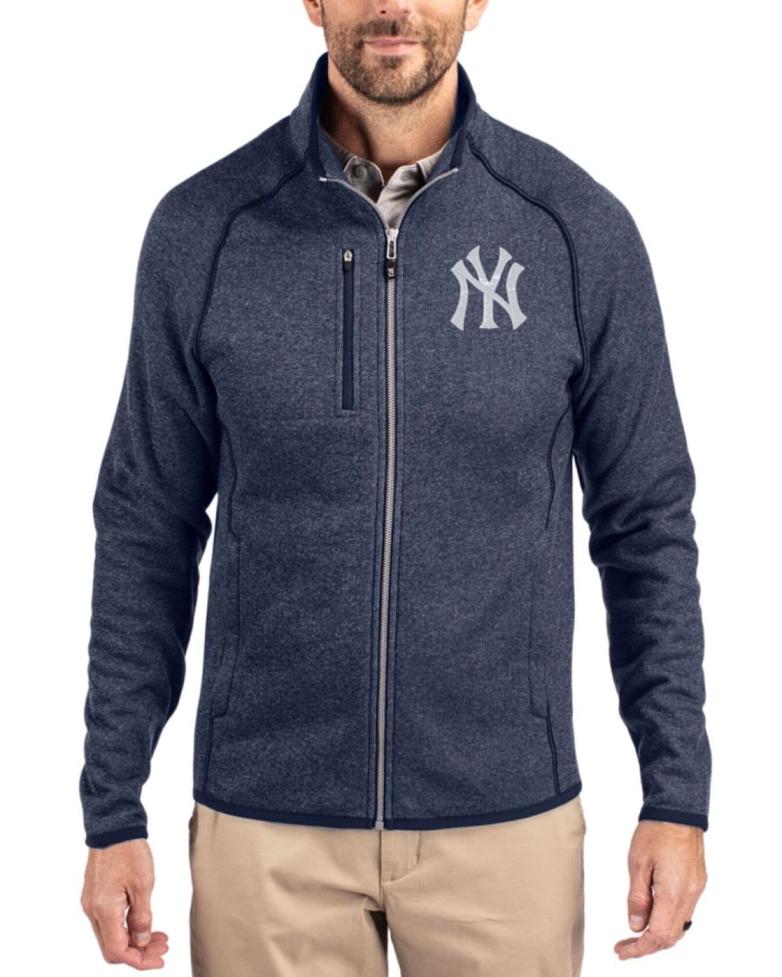 Men's New York Yankees Cutter & Buck Liberty Navy Heather Mainsail Sweater-Knit Full Zip Jacket