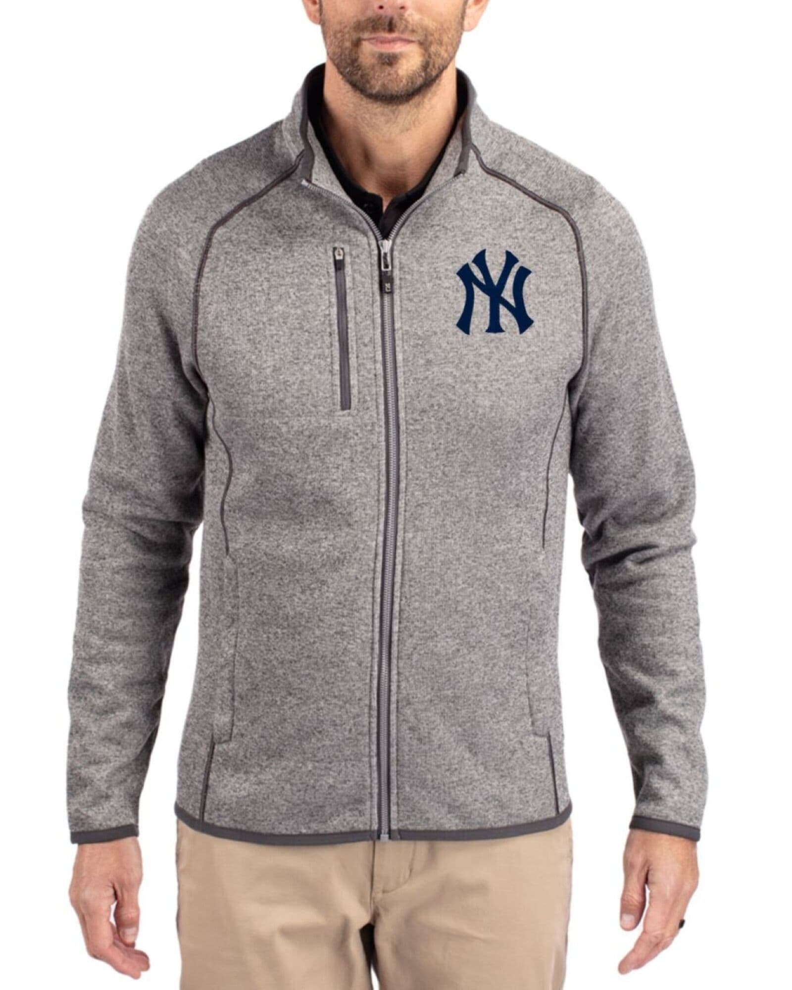 Men's New York Yankees Cutter & Buck Polished Heather Mainsail Sweater-Knit Full Zip Jacket