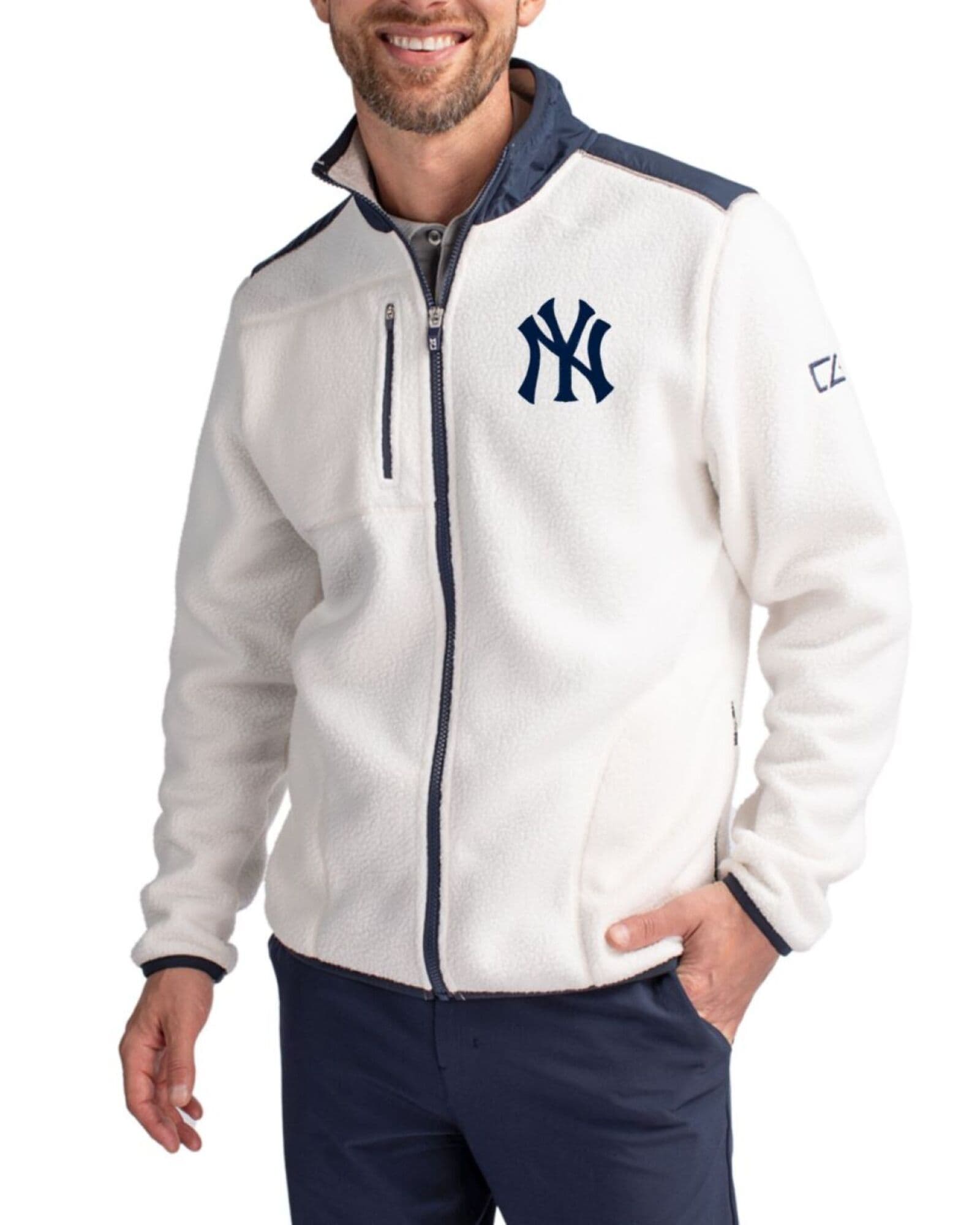 Men's New York Yankees Cutter & Buck Shell/Navy Blue Cascade Epic Comfort Sherpa Fleece Full Zip Jacket