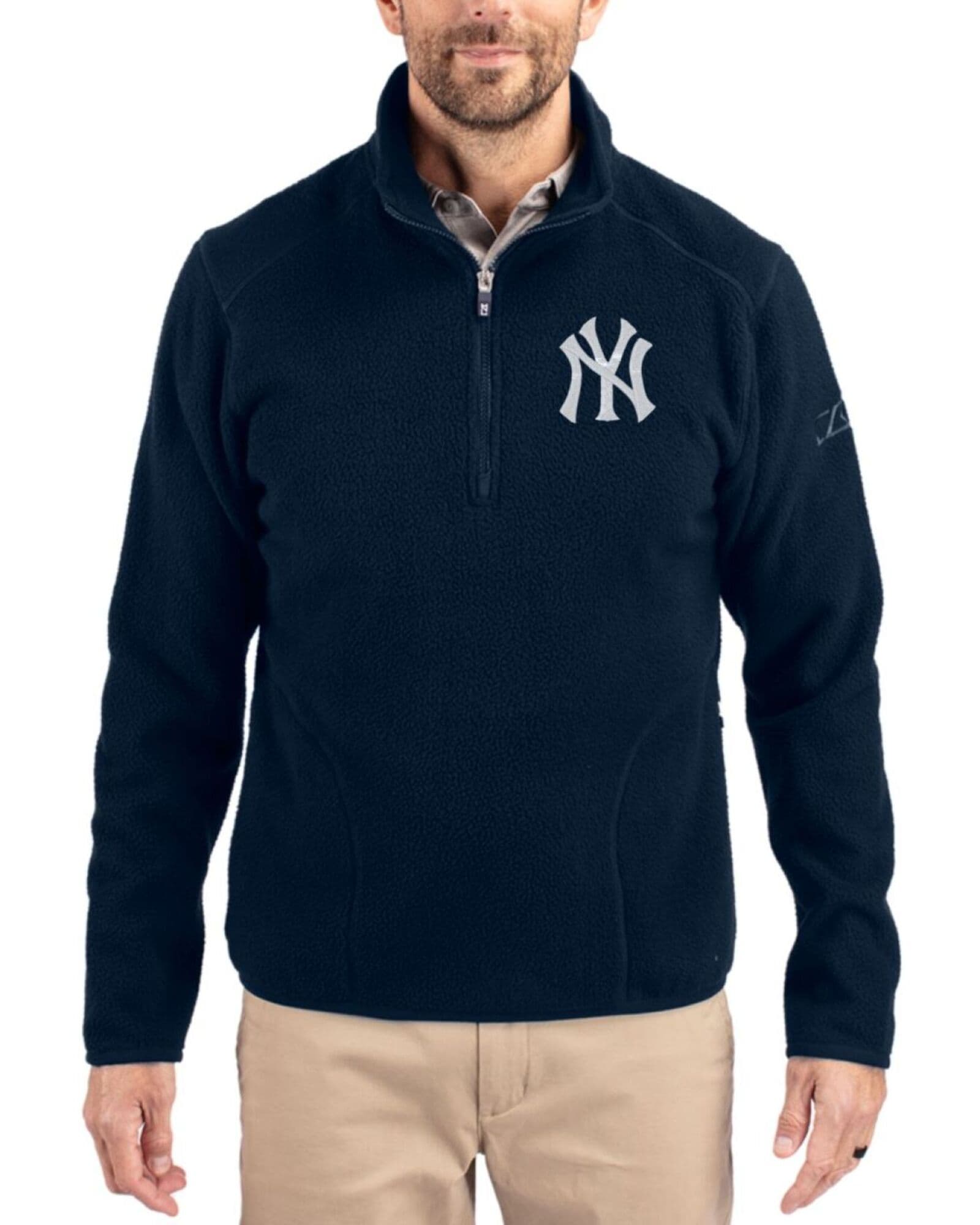 Men's New York Yankees Cutter & Buck Navy Blue Cascade Epic Comfort Sherpa Fleece Quarter Zip Jacket