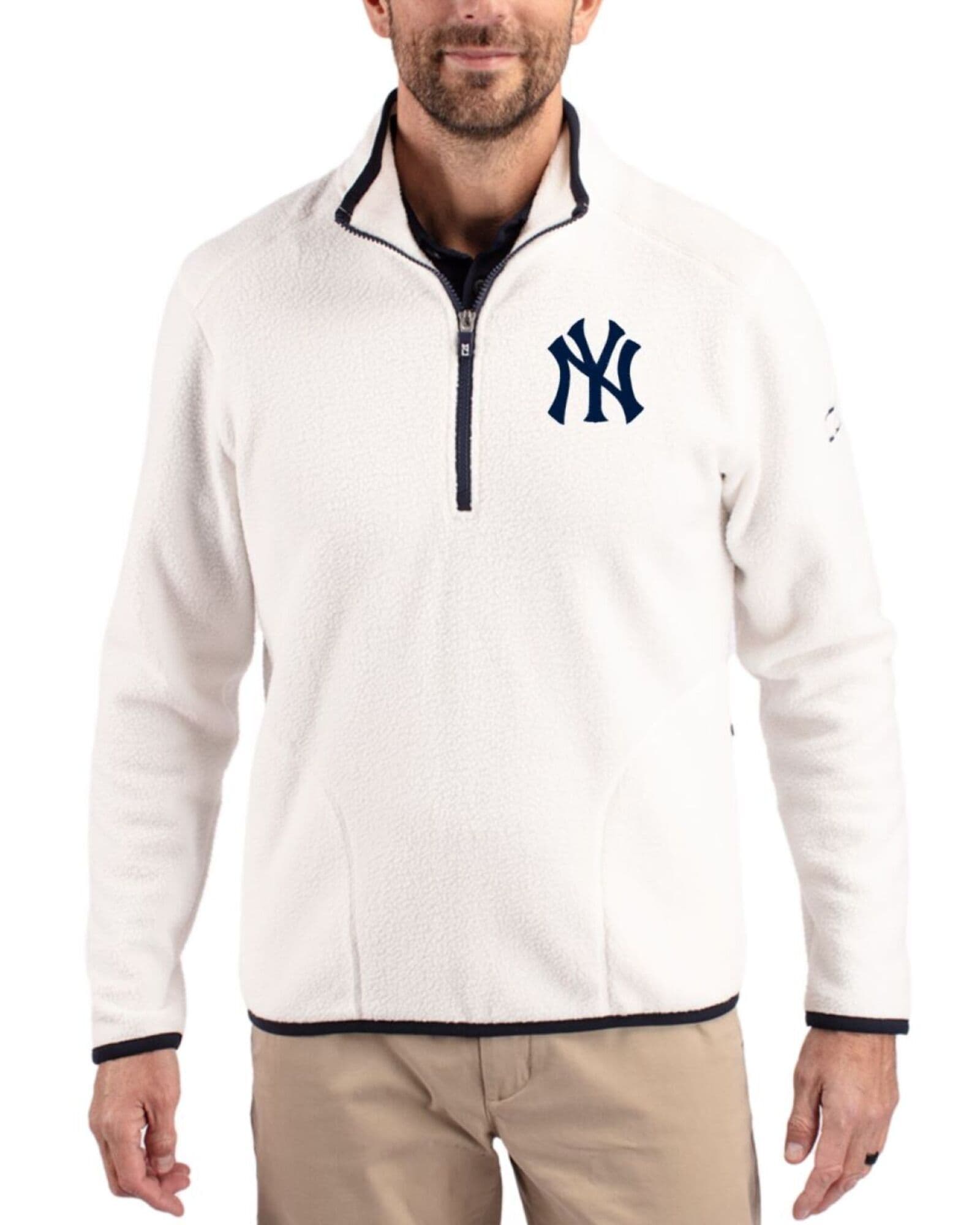 Men's New York Yankees Cutter & Buck Shell/Navy Blue Cascade Epic Comfort Sherpa Fleece Quarter Zip Jacket