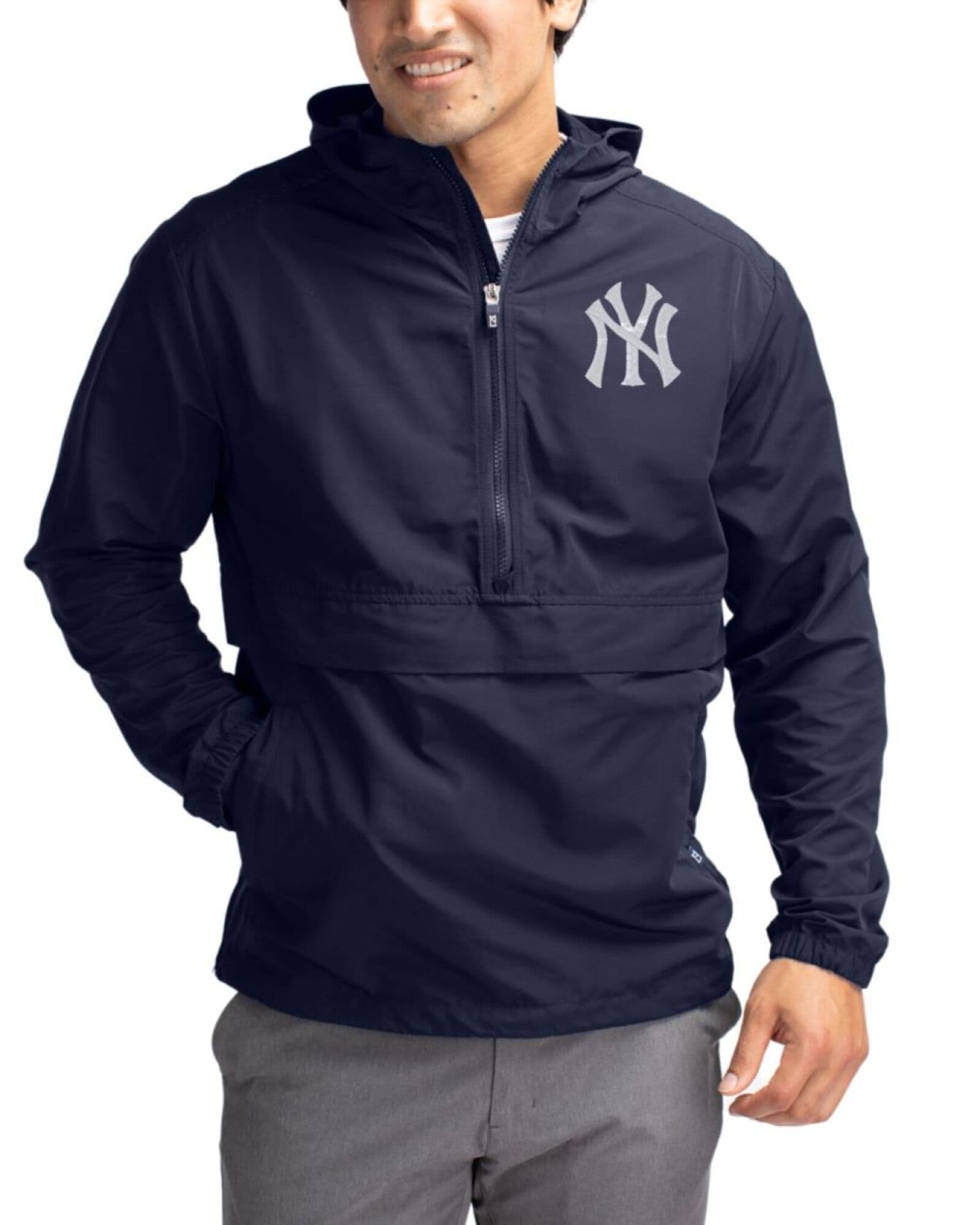 Men's New York Yankees Cutter & Buck Navy Blue Charter Epic Versatility Half Zip Anorak Jacket