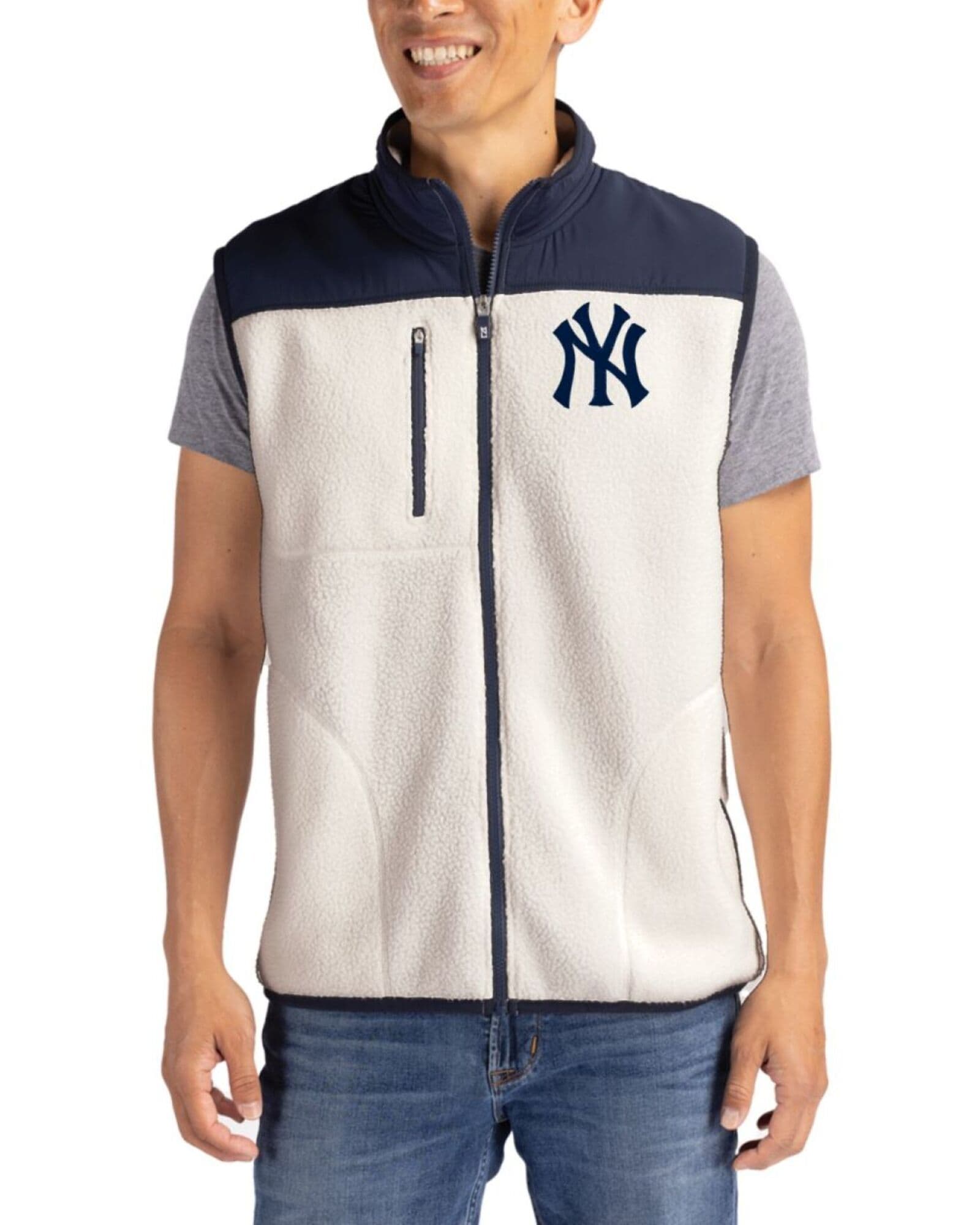 Men's New York Yankees Cutter & Buck Shell/Navy Blue Cascade Epic Comfort Sherpa Fleece Full Zip Vest