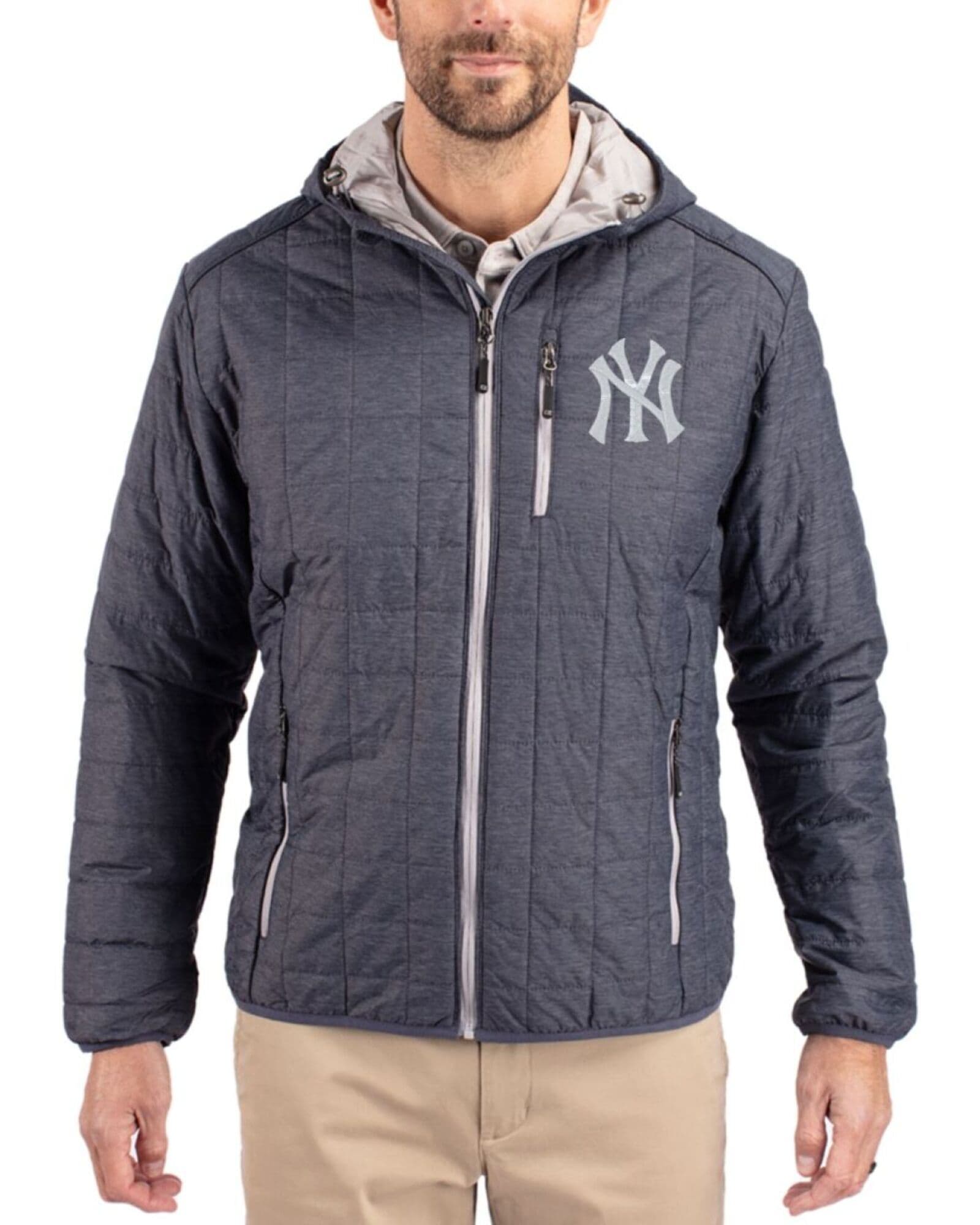 Men's New York Yankees Cutter & Buck Anthracite Melange Rainier Insulated Puffer Full Zip Hooded Jacket Jacket