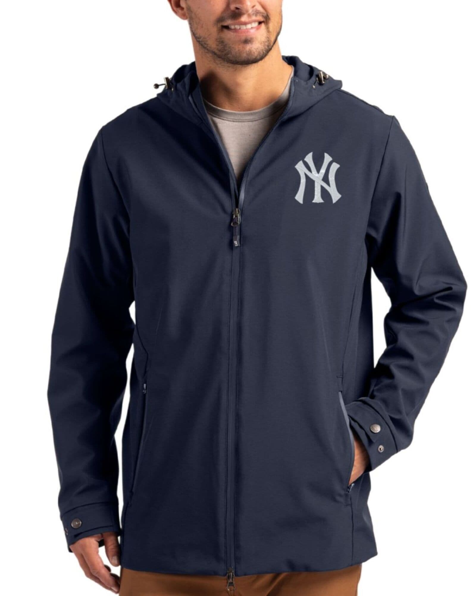 Men's New York Yankees Cutter & Buck Navy Blue Camano Everyday Stretch Water Resistant Full Zip Jacket