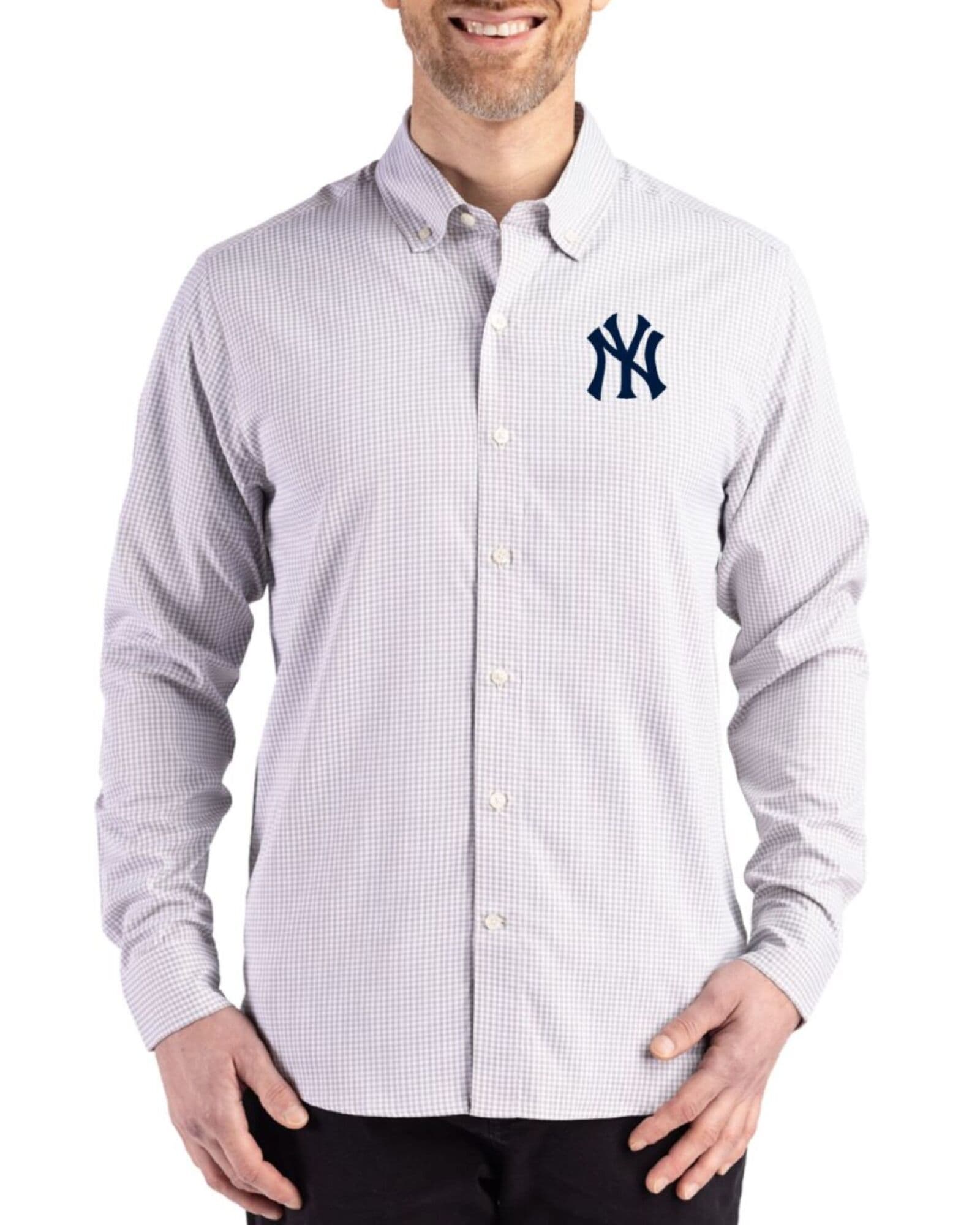 Men's New York Yankees Cutter & Buck Concrete/White Skyline Gingham Long Sleeve Button Down Dress Shirt