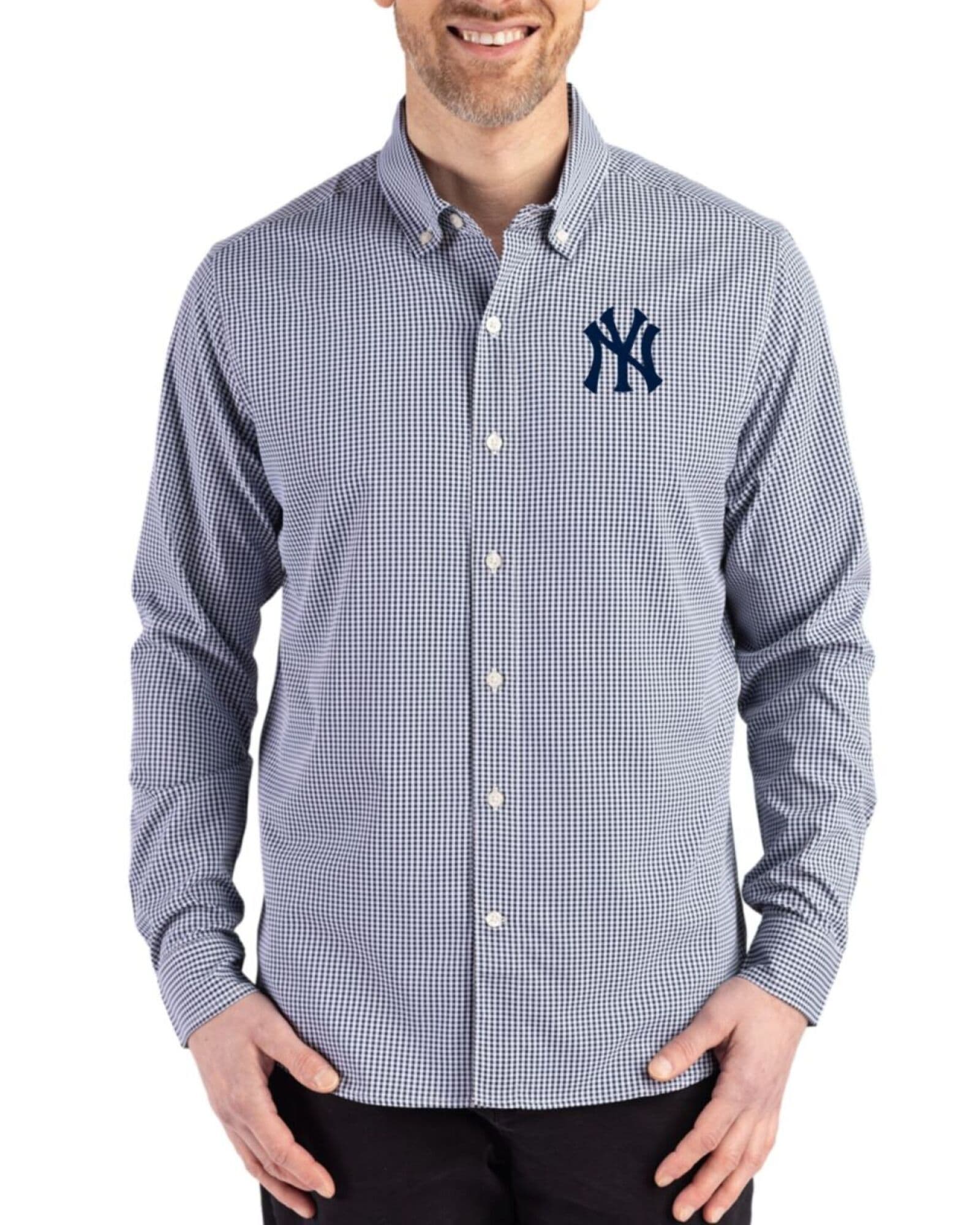 Men's New York Yankees Cutter & Buck Navy Blue/White Skyline Gingham Long Sleeve Button Down Dress Shirt