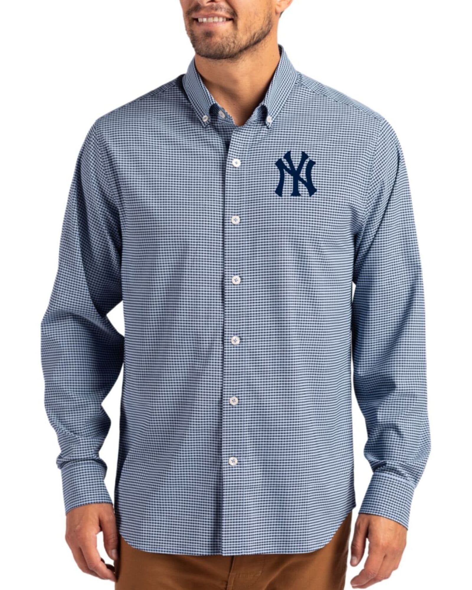 Men's New York Yankees Cutter & Buck Pale Blue/Navy Blue Skyline Gingham Long Sleeve Button Down Dress Shirt
