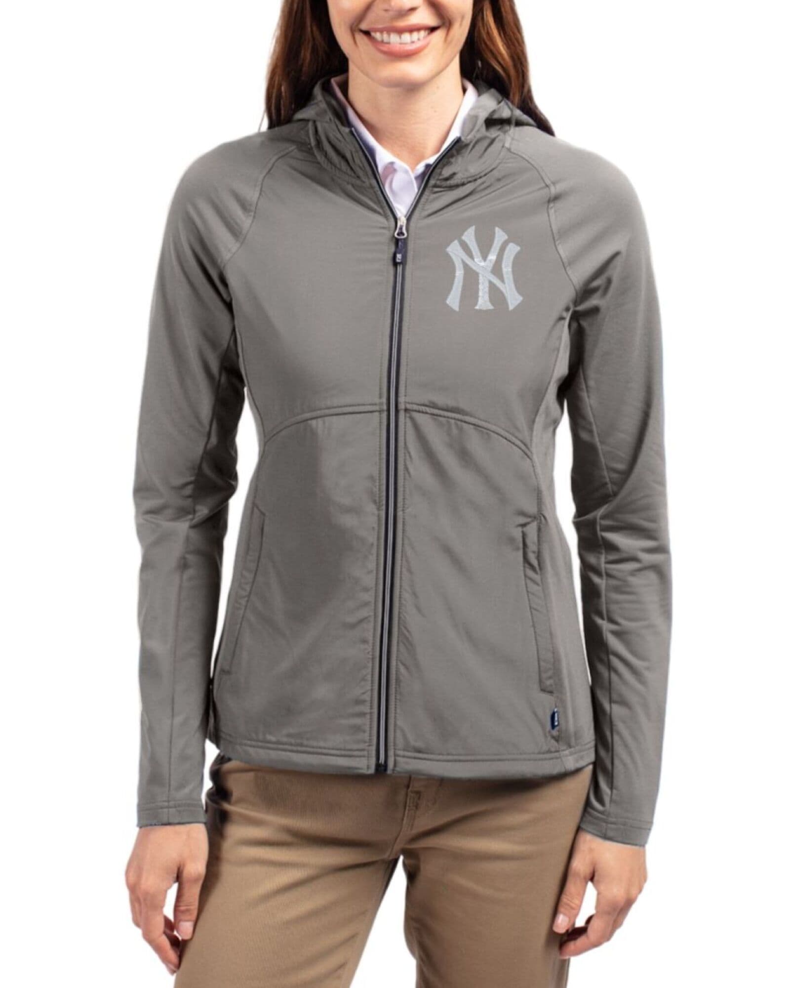 Women's New York Yankees Cutter & Buck Elemental Grey Adapt Soft Knit Stretch Hybrid Full Zip Jacket