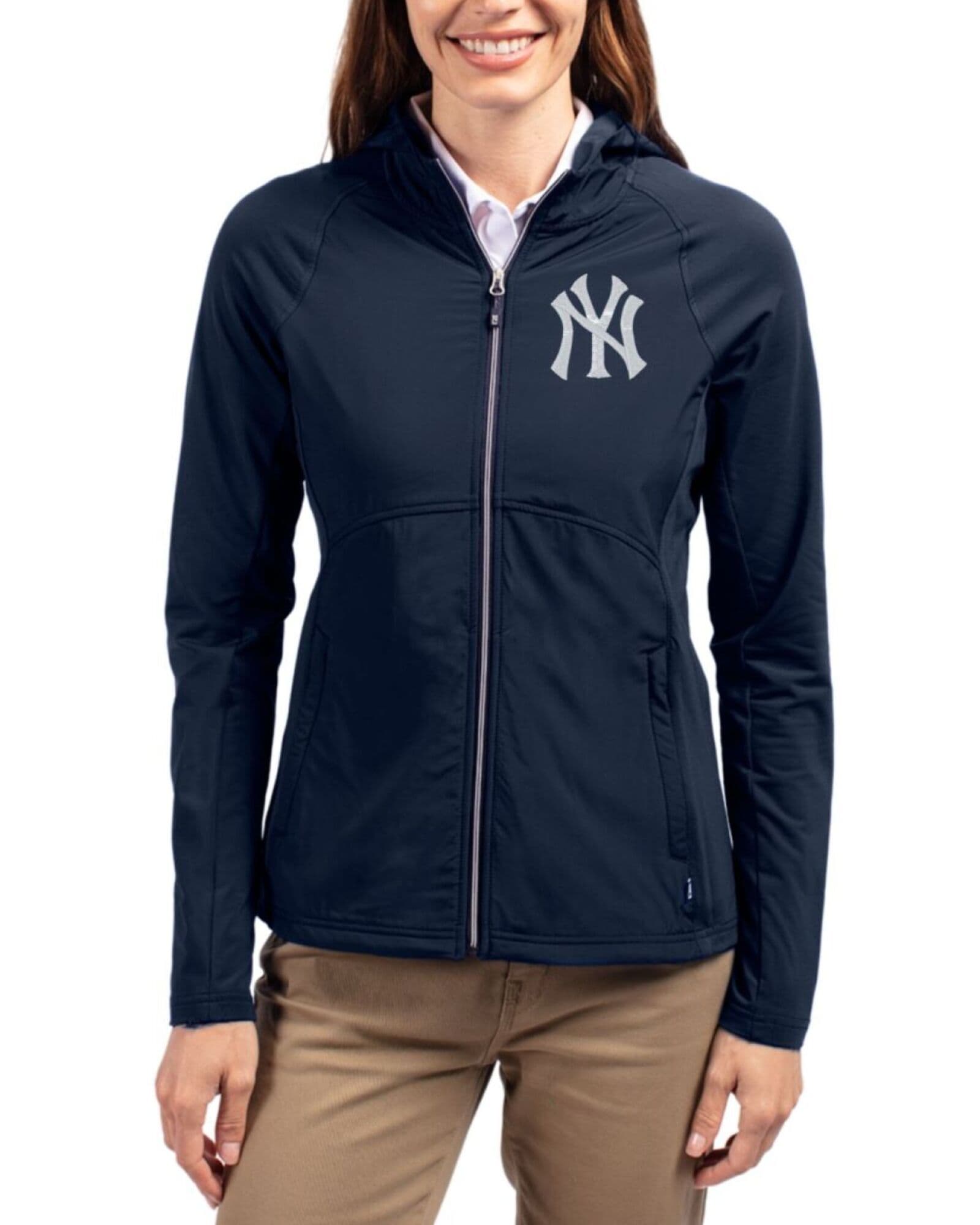 Women's New York Yankees Cutter & Buck Navy Blue Adapt Soft Knit Stretch Hybrid Full Zip Jacket