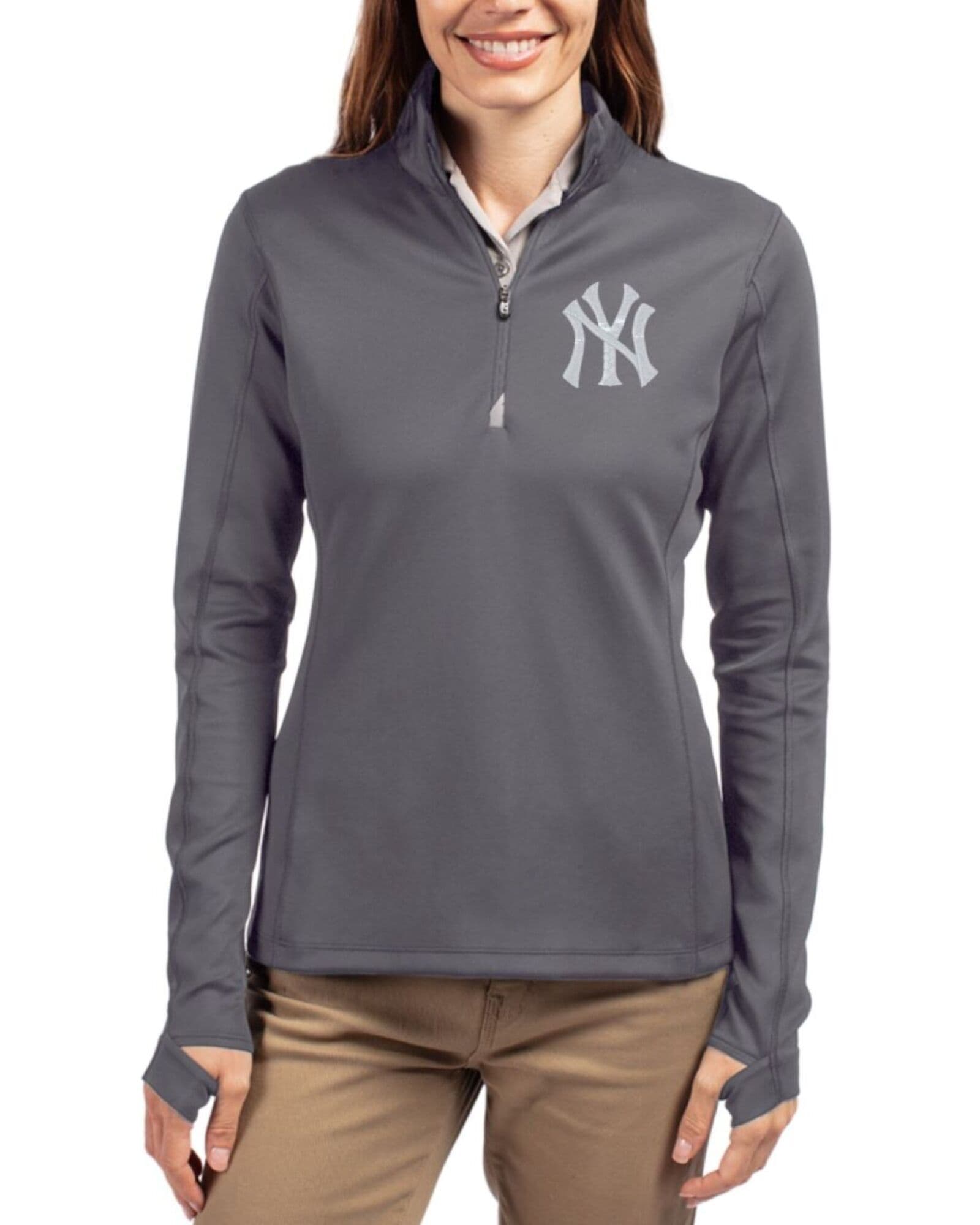Women's New York Yankees Cutter & Buck Elemental Grey Traverse Stretch Quarter Zip