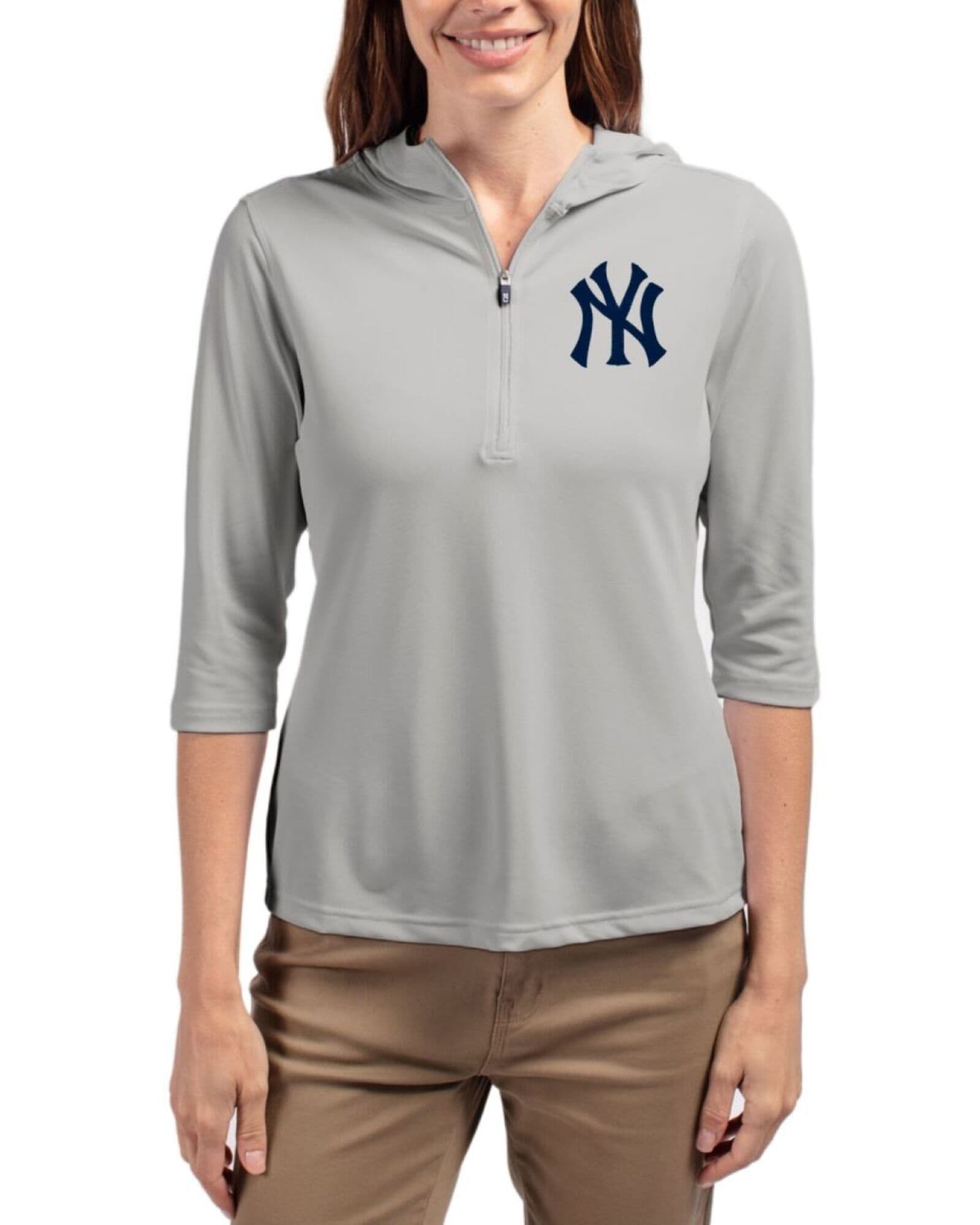 Women's New York Yankees Cutter & Buck Polished Virtue Featherlight Pique Half Zip Hooded Pullover