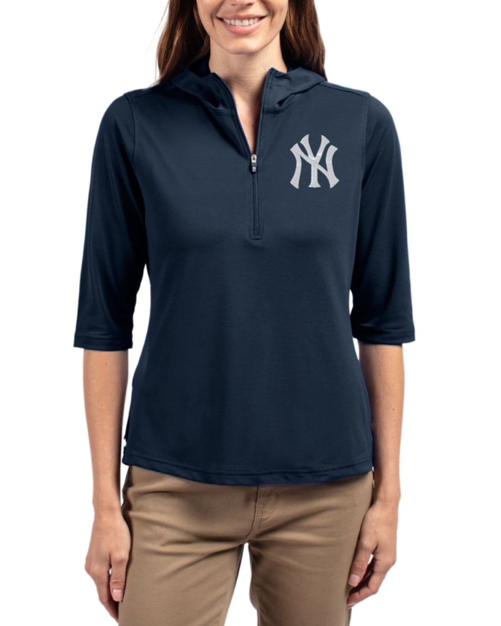 Women's New York Yankees Cutter & Buck Navy Blue Virtue Featherlight Pique Half Zip Hooded Pullover