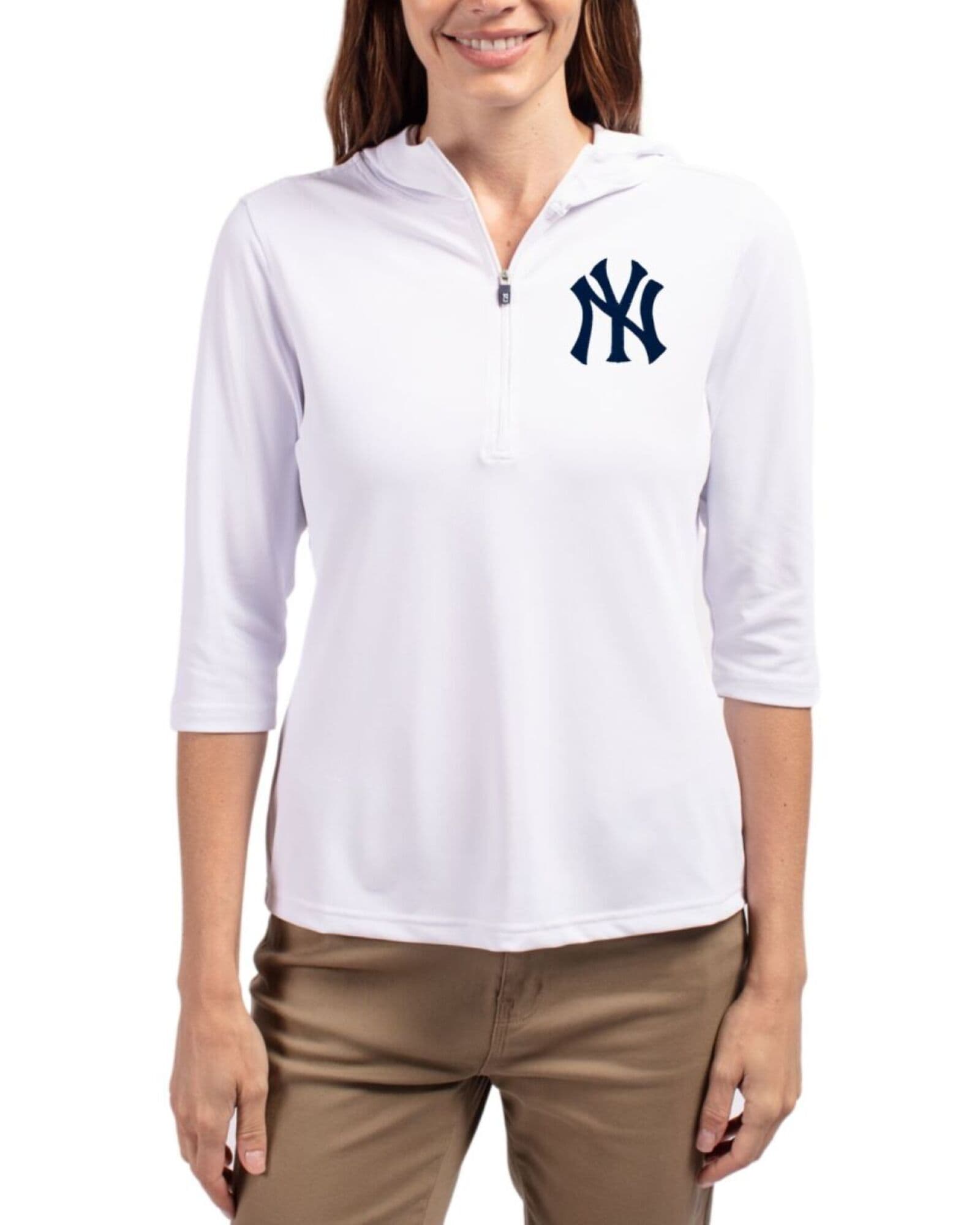 Women's New York Yankees Cutter & Buck White Virtue Featherlight Pique Half Zip Hooded Pullover