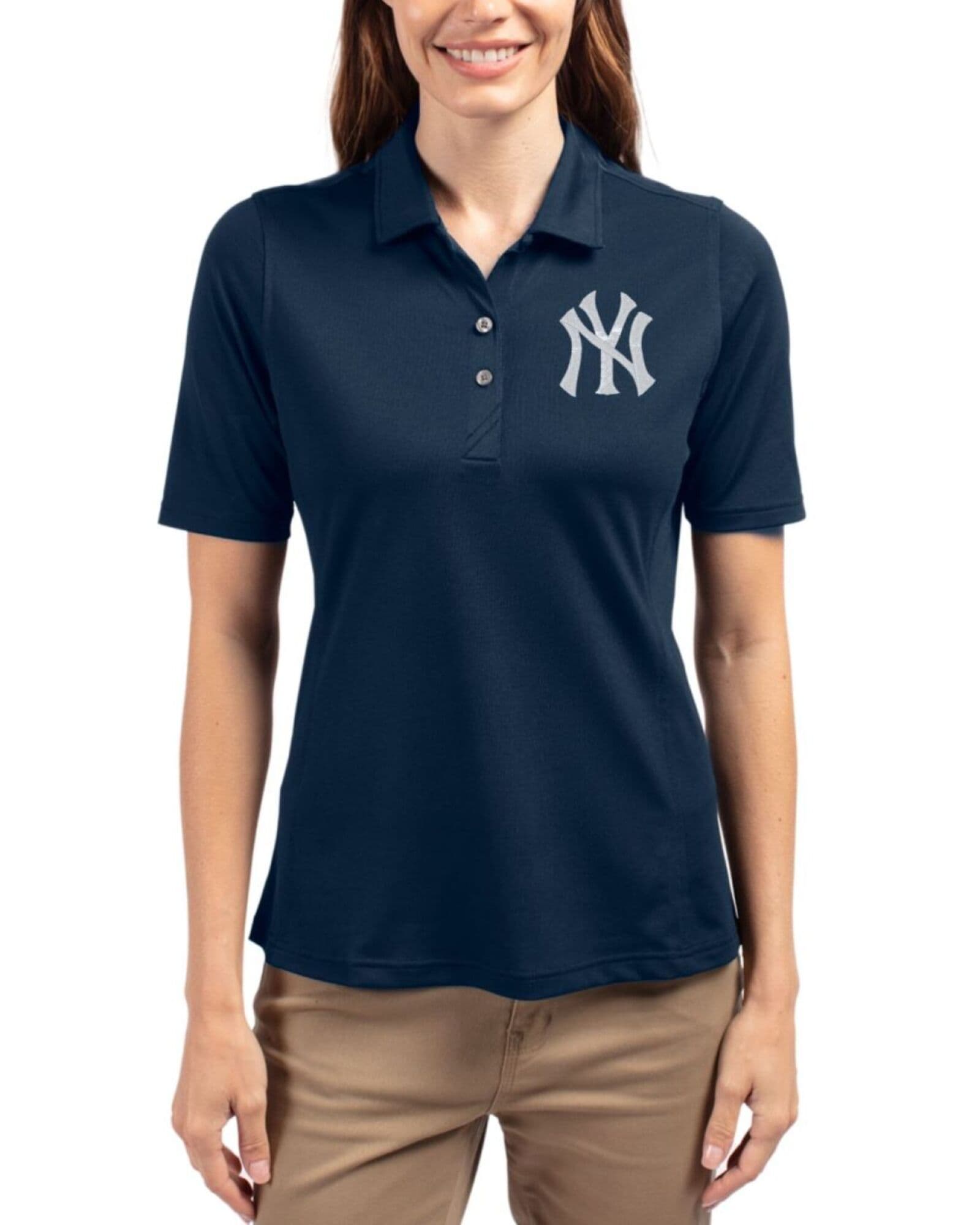Women's New York Yankees Cutter & Buck Navy Blue Virtue Featherlight Pique Polo