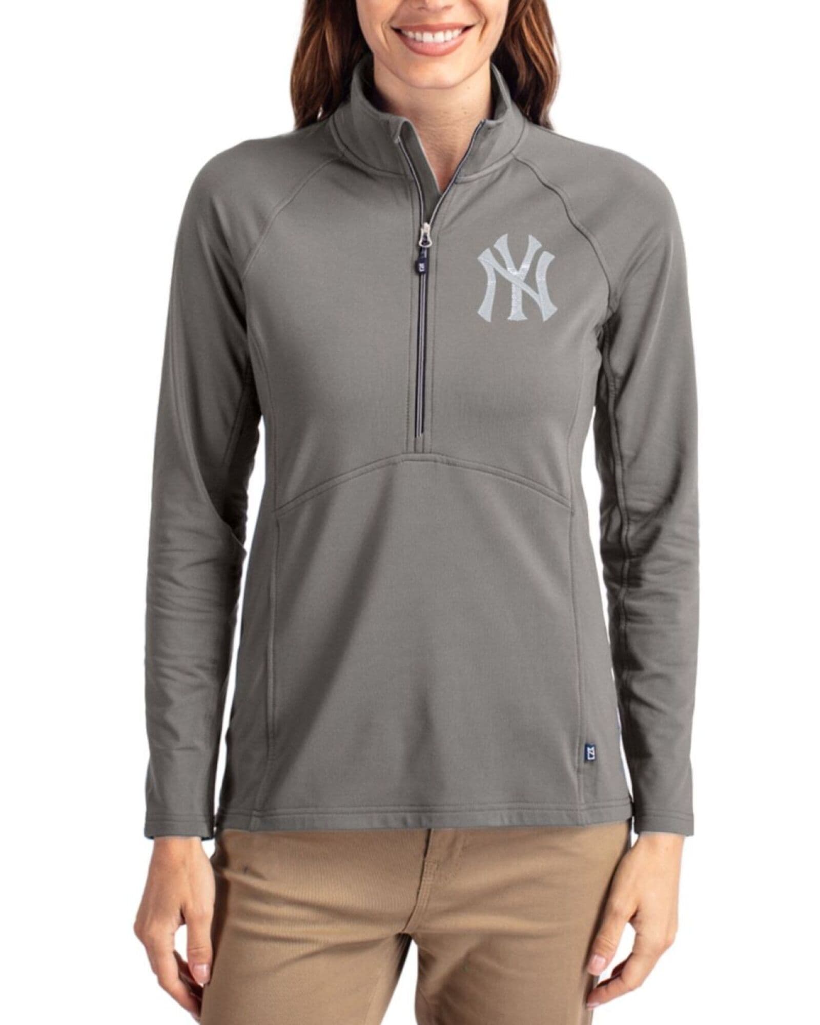Women's New York Yankees Cutter & Buck Elemental Grey Adapt Soft Knit Stretch Half Zip Pullover