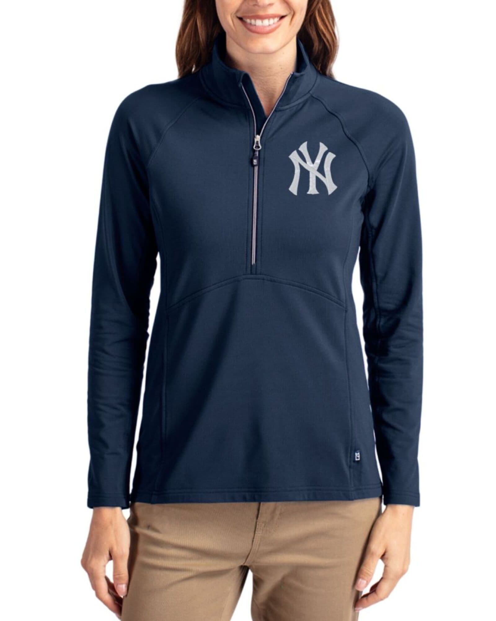 Women's New York Yankees Cutter & Buck Navy Blue Adapt Soft Knit Stretch Half Zip Pullover