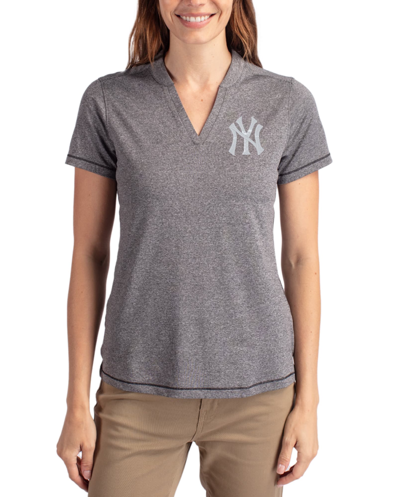 Women's New York Yankees Cutter & Buck Charcoal Heather Forge Four-Way Stretch Heathered Blade Top