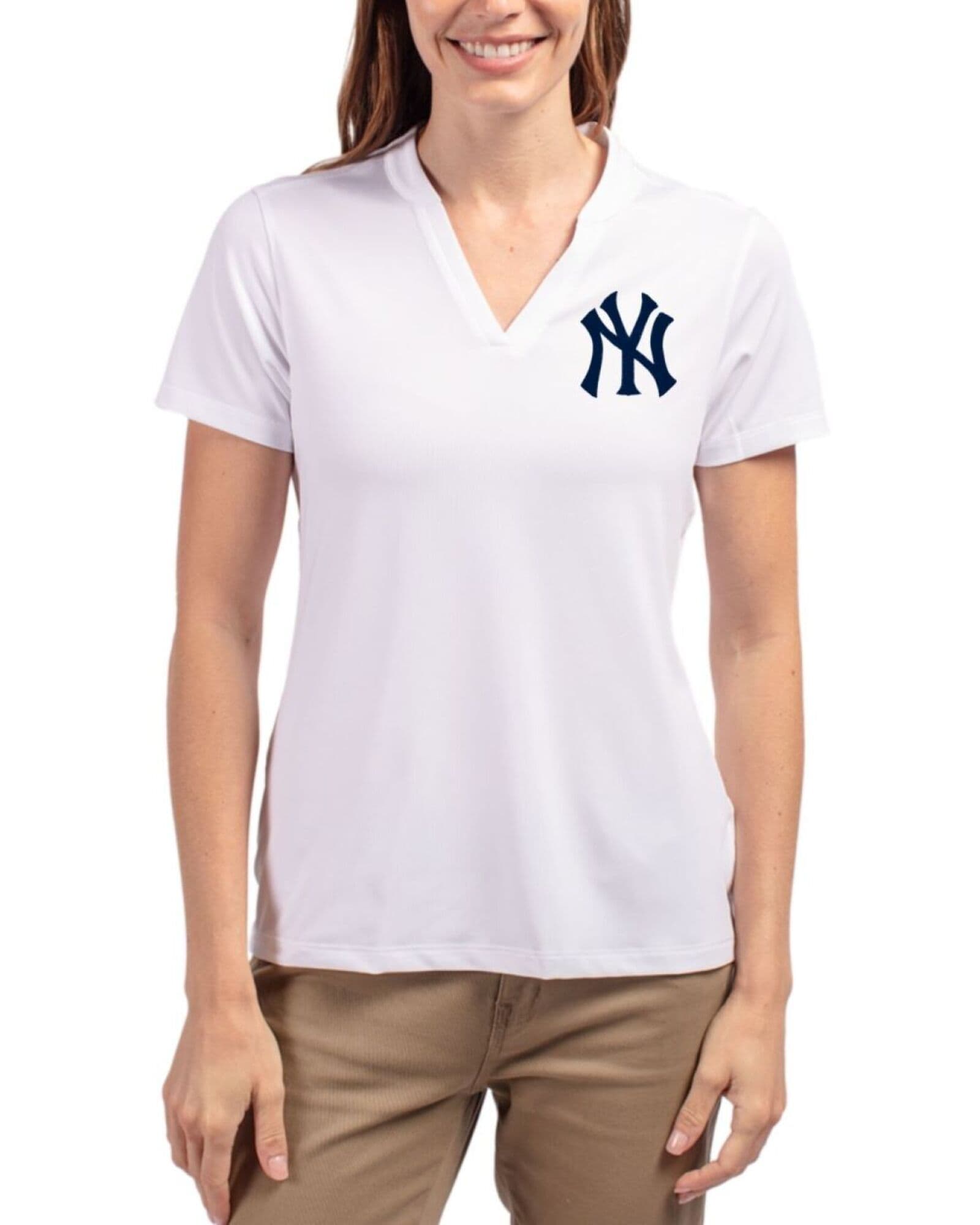 Women's New York Yankees Cutter & Buck White Forge Four-Way Stretch Heathered Blade Top