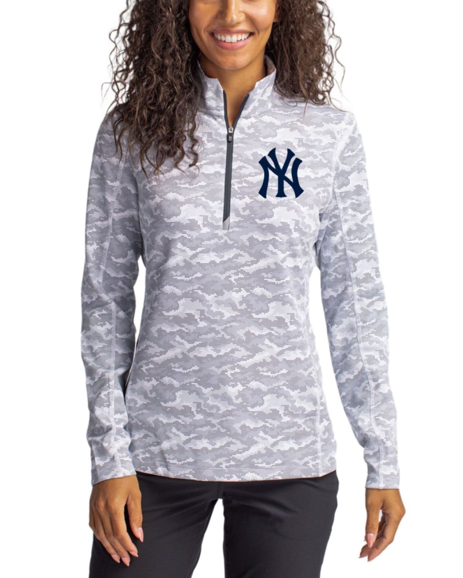 Women's New York Yankees Cutter & Buck Charcoal Traverse Stretch Camo Print Quarter Zip