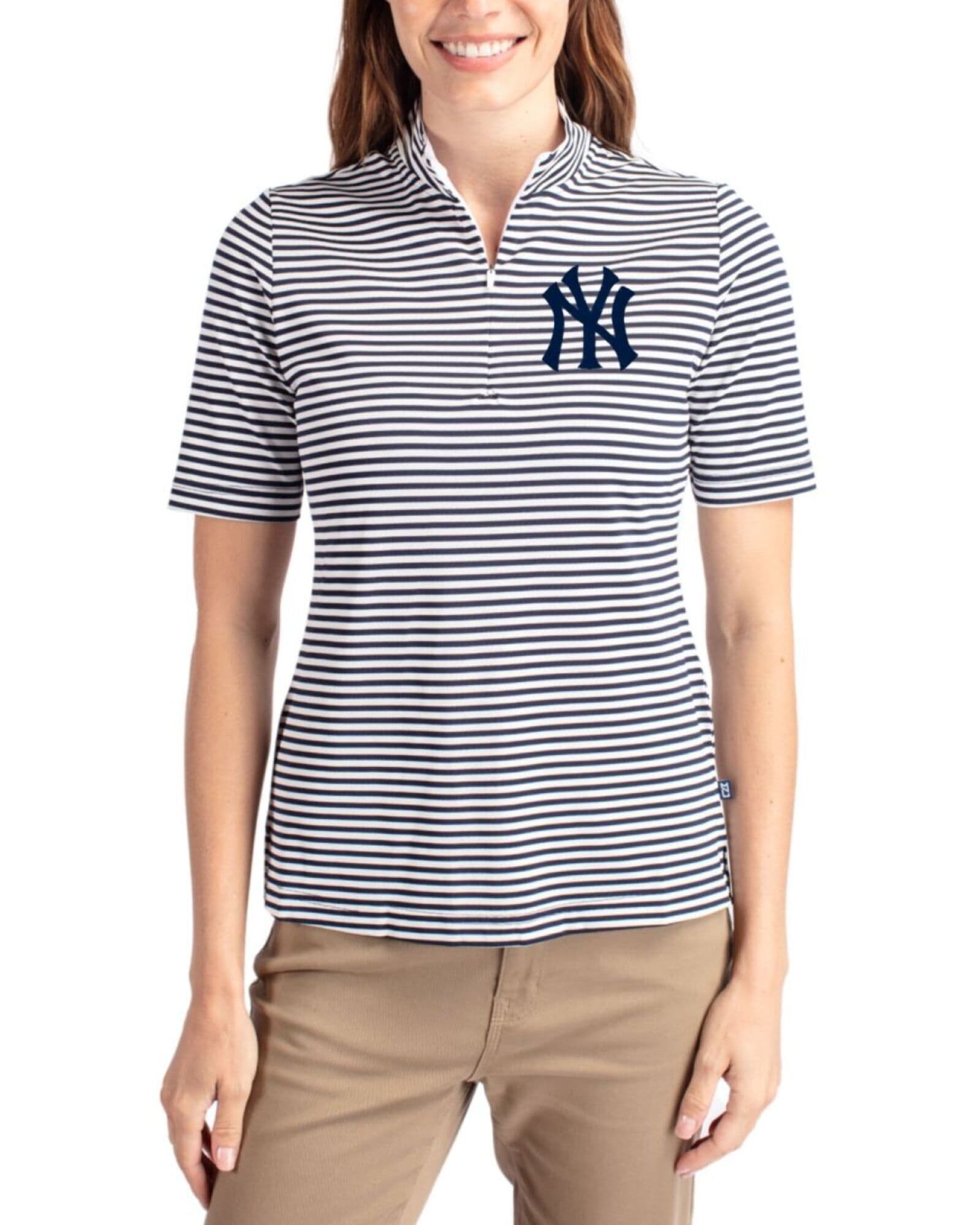 Women's New York Yankees Cutter & Buck Navy Blue Virtue Stripe Featherlight Pique Half Zip