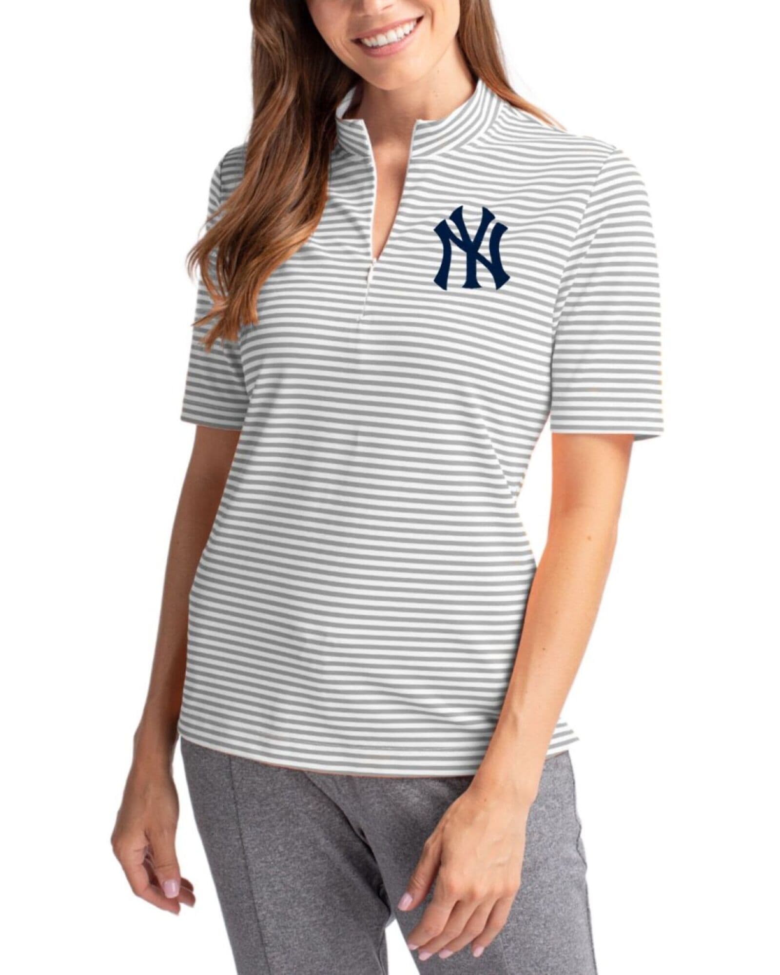 Women's New York Yankees Cutter & Buck Polished Virtue Stripe Featherlight Pique Half Zip