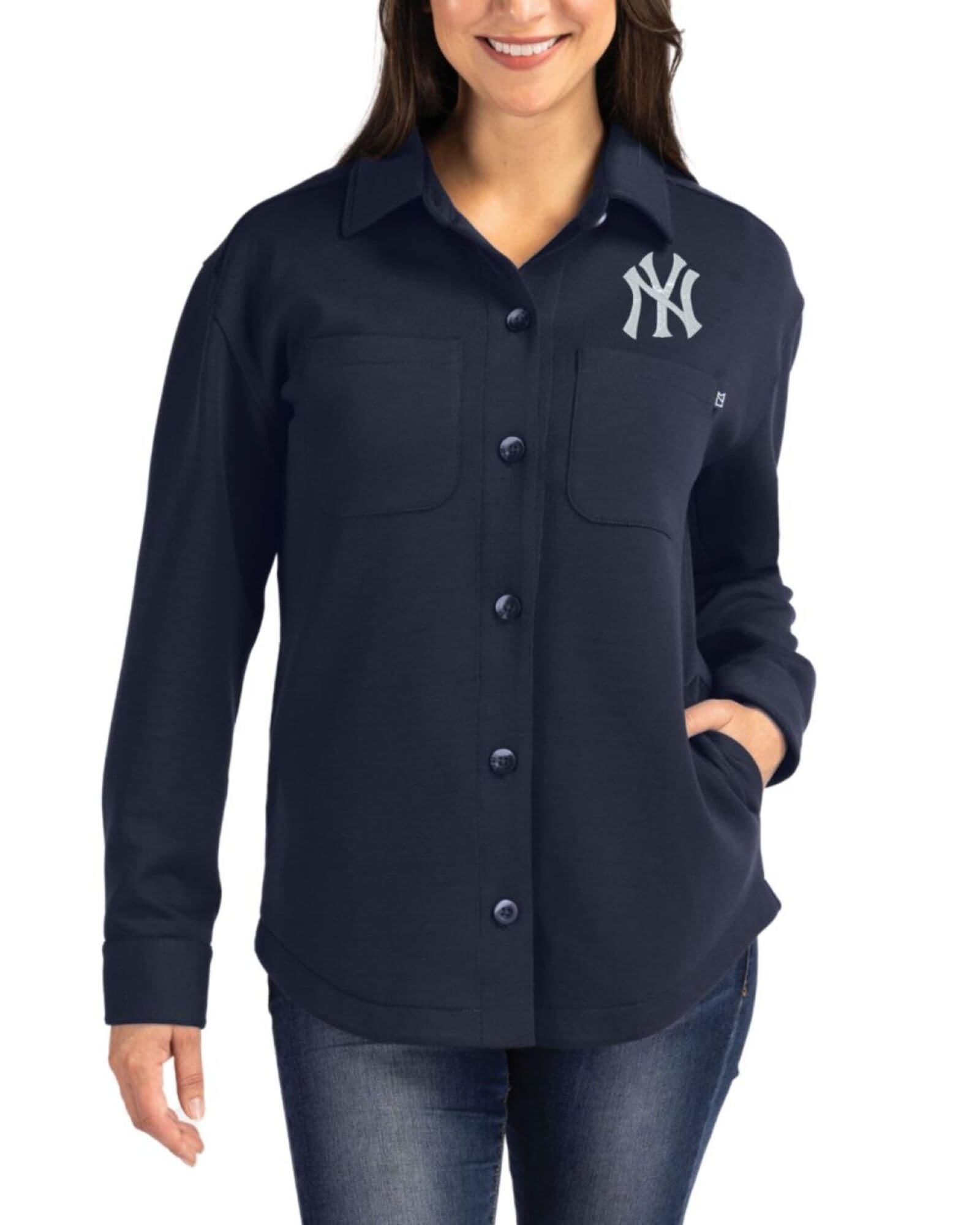 Women's New York Yankees Cutter & Buck Navy Blue Roam Buttery-Soft Knit Button Down Shirt Jacket