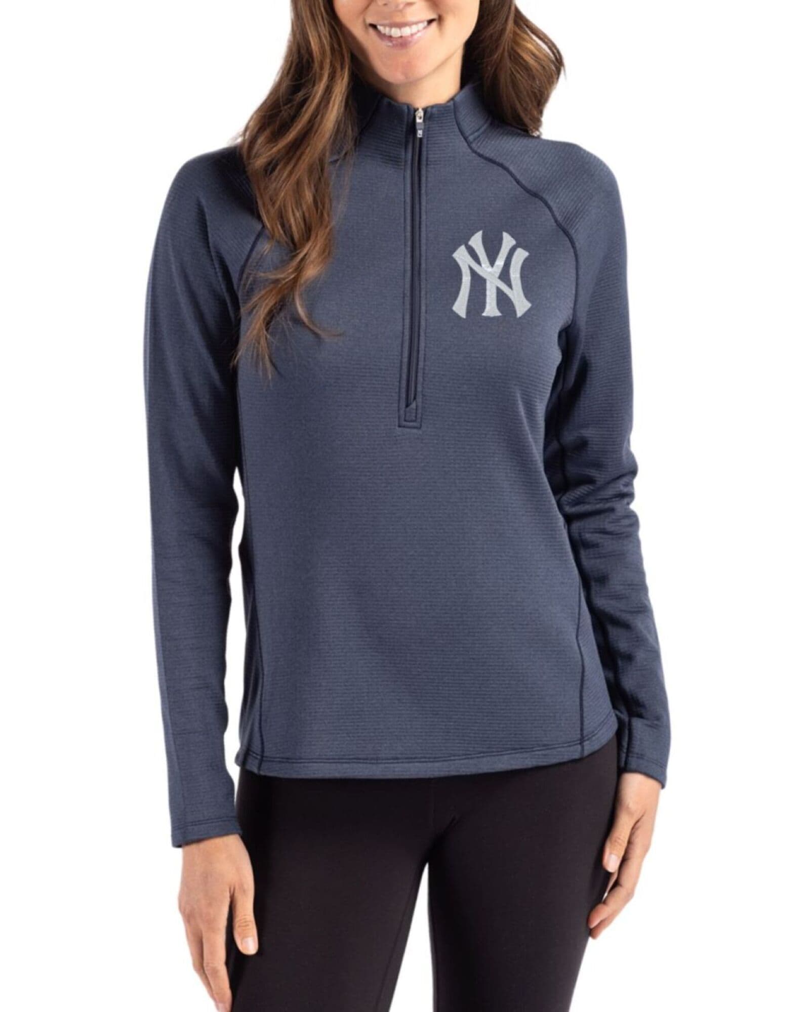 Women's New York Yankees Cutter & Buck Navy Blue Heather Peshastin Epic Versatility Fleece Half Zip