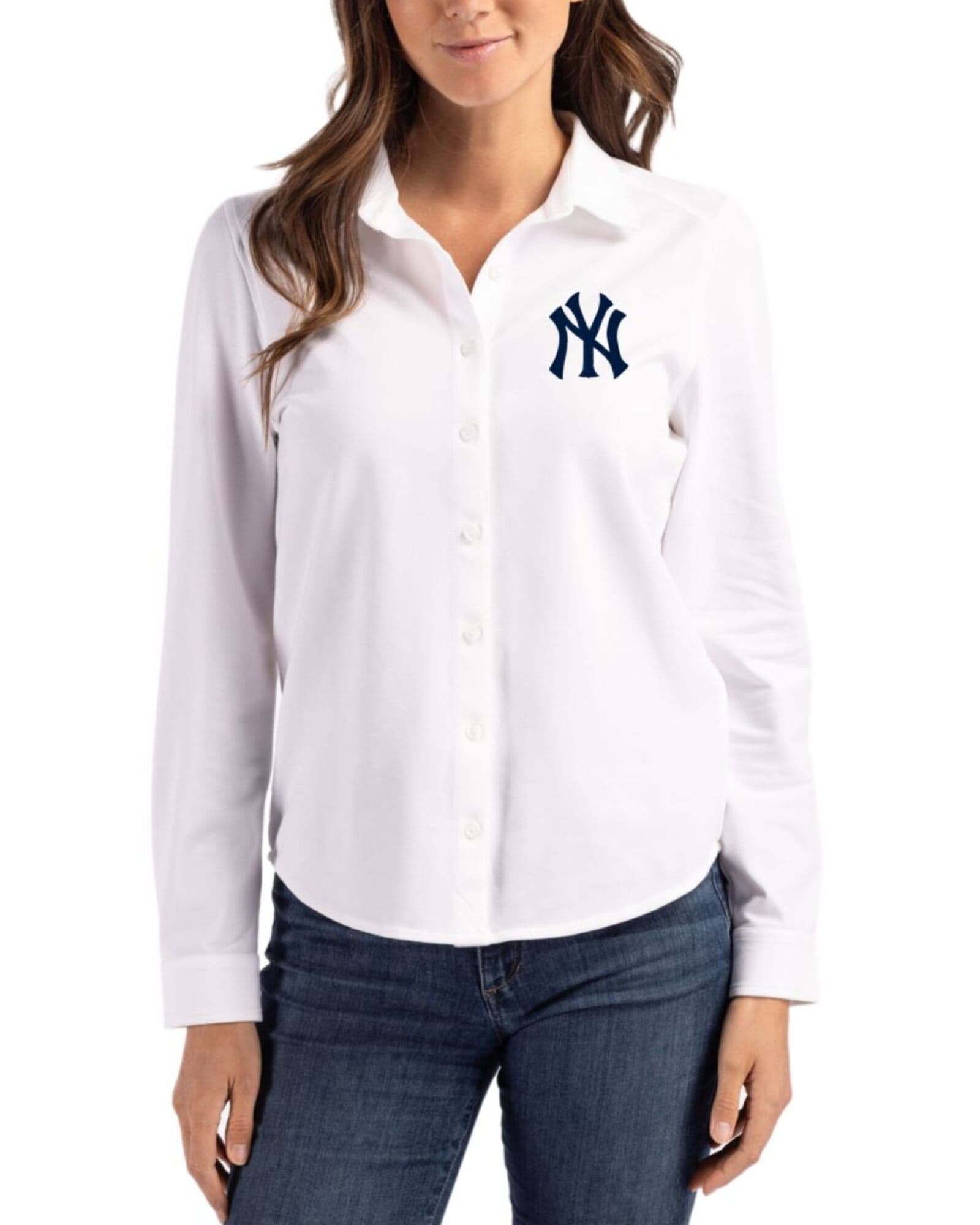 Women's New York Yankees Cutter & Buck White Advantage Epic Confidence Tri-Blend Pique Long Sleeve Button Down Shirt