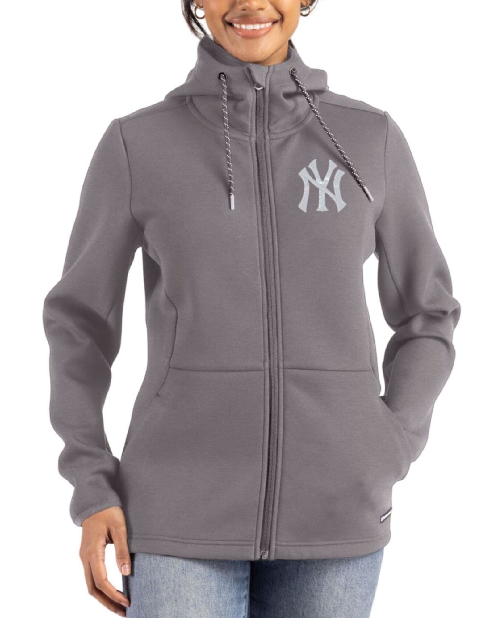 Women's New York Yankees Cutter & Buck Elemental Grey Roam Buttery-Soft Knit Full Zip Hooded Jacket