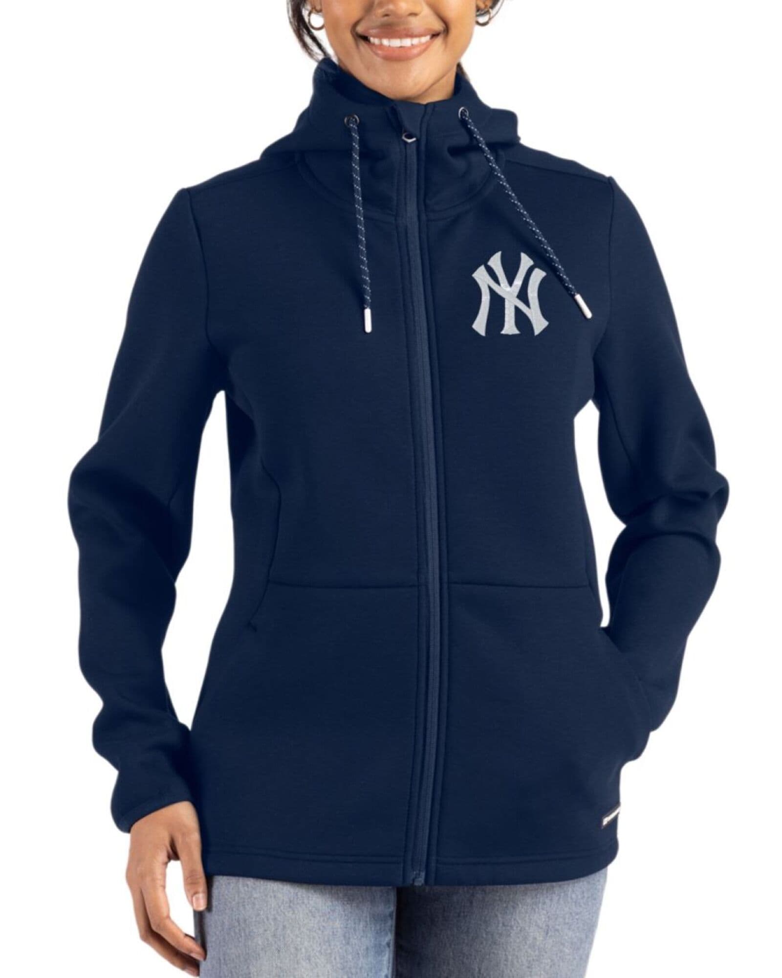 Women's New York Yankees Cutter & Buck Navy Blue Roam Buttery-Soft Knit Full Zip Hooded Jacket