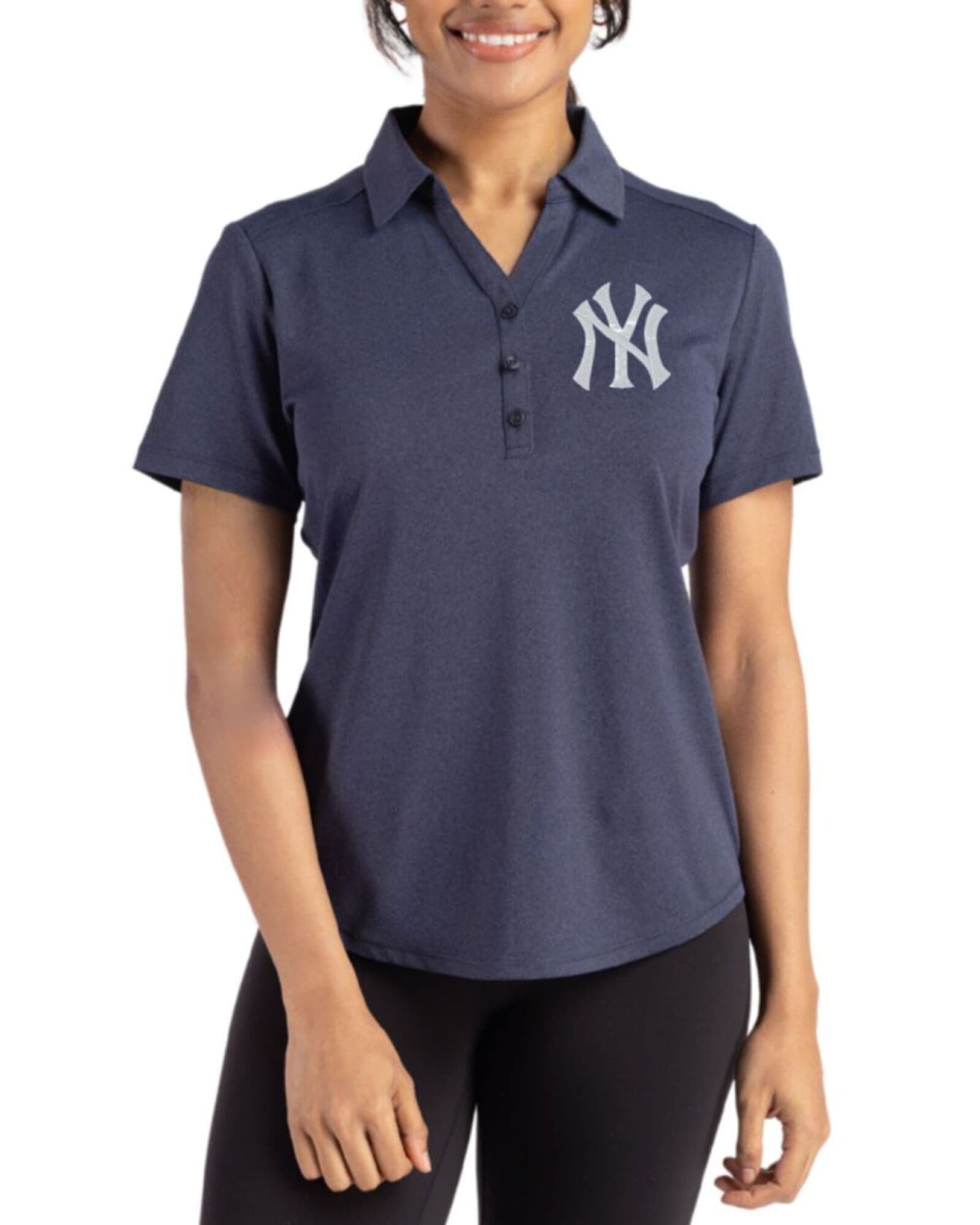 Women's New York Yankees Cutter & Buck Dark Navy Blue Heather Forge Four-Way Stretch Polo