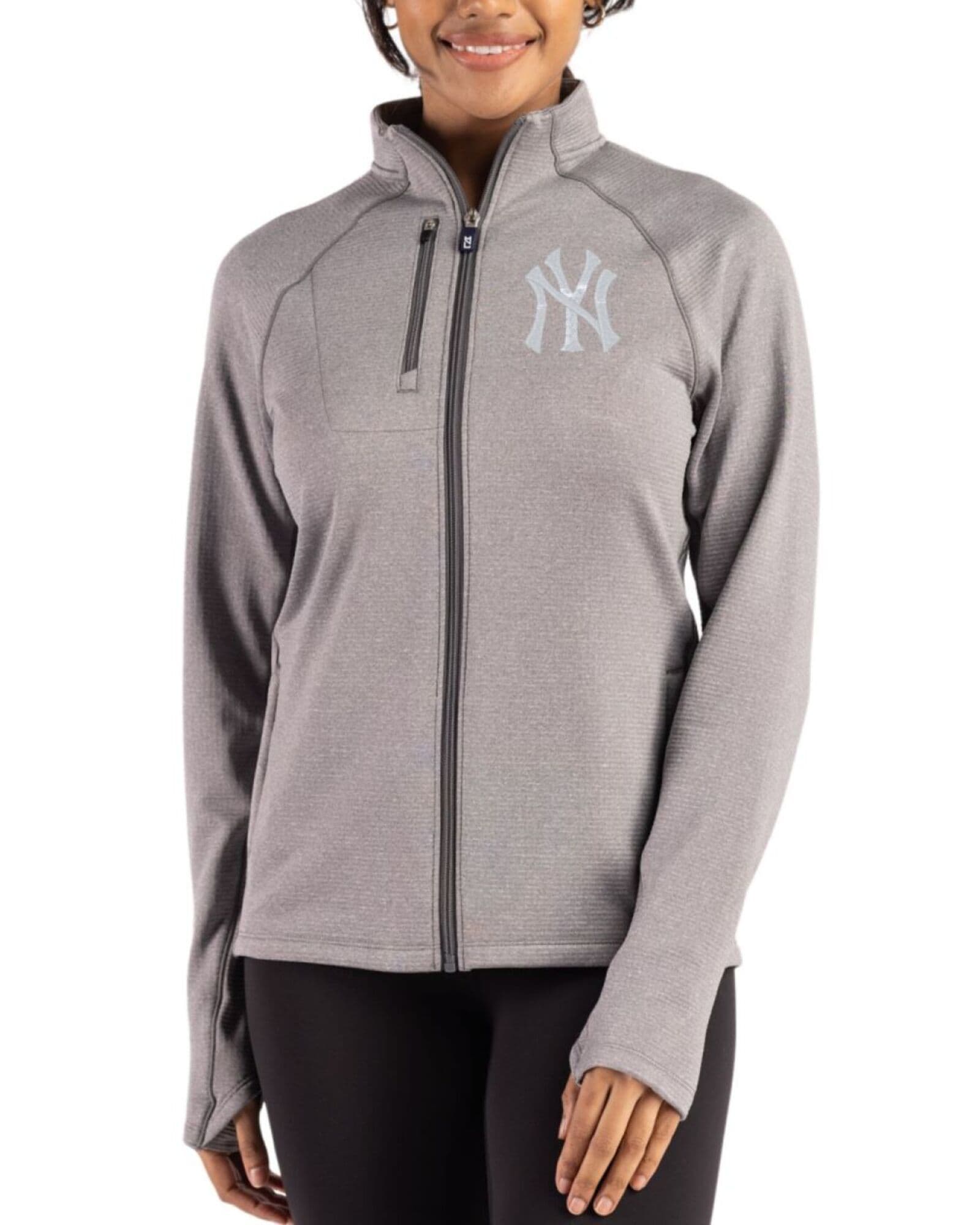 Women's New York Yankees Cutter & Buck Elemental Grey Heather Peshastin Epic Versatility Fleece Full Zip Jacket