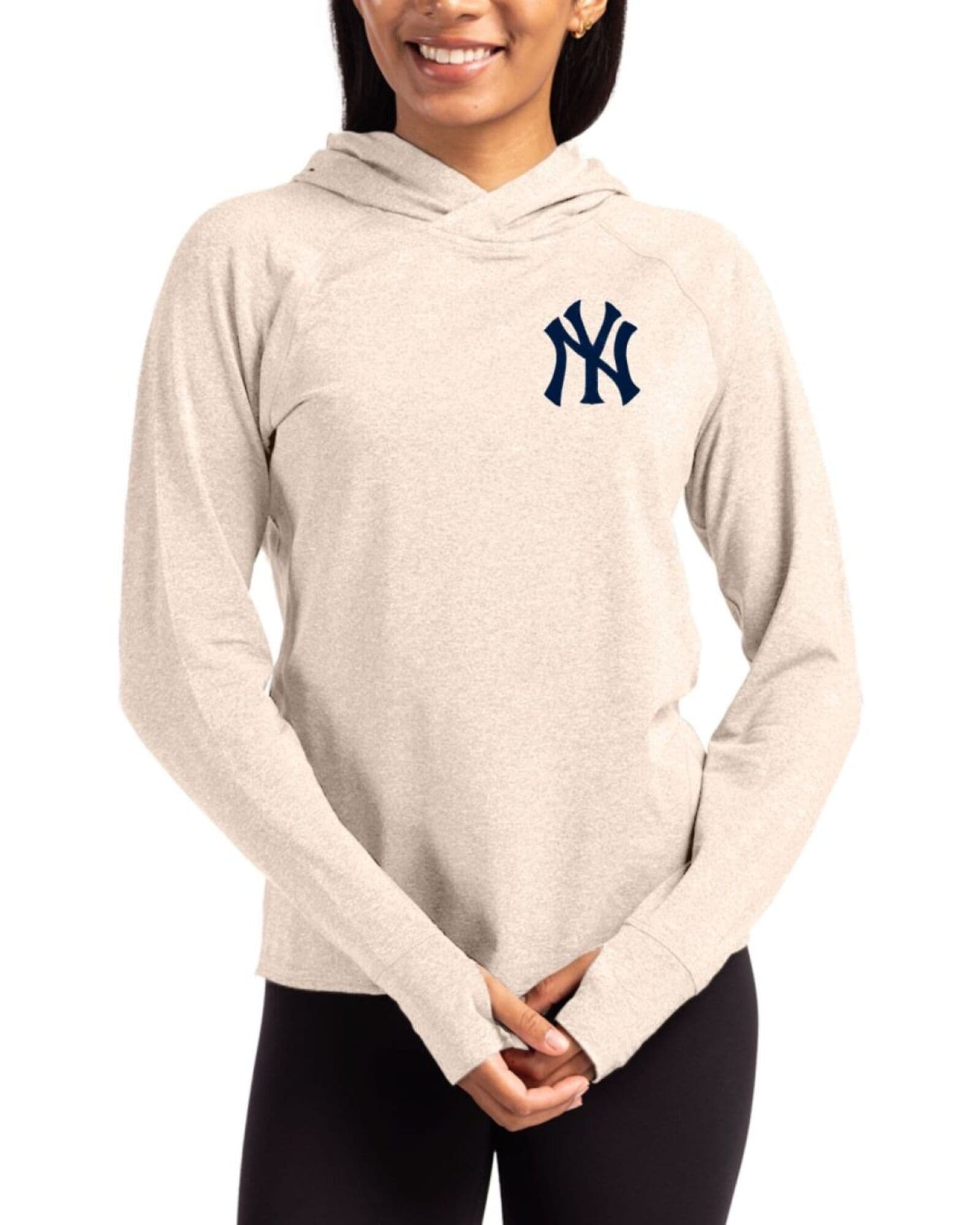 Women's New York Yankees Cutter & Buck Wheat Heather Adapt Soft Knit Stretch Hooded Pullover