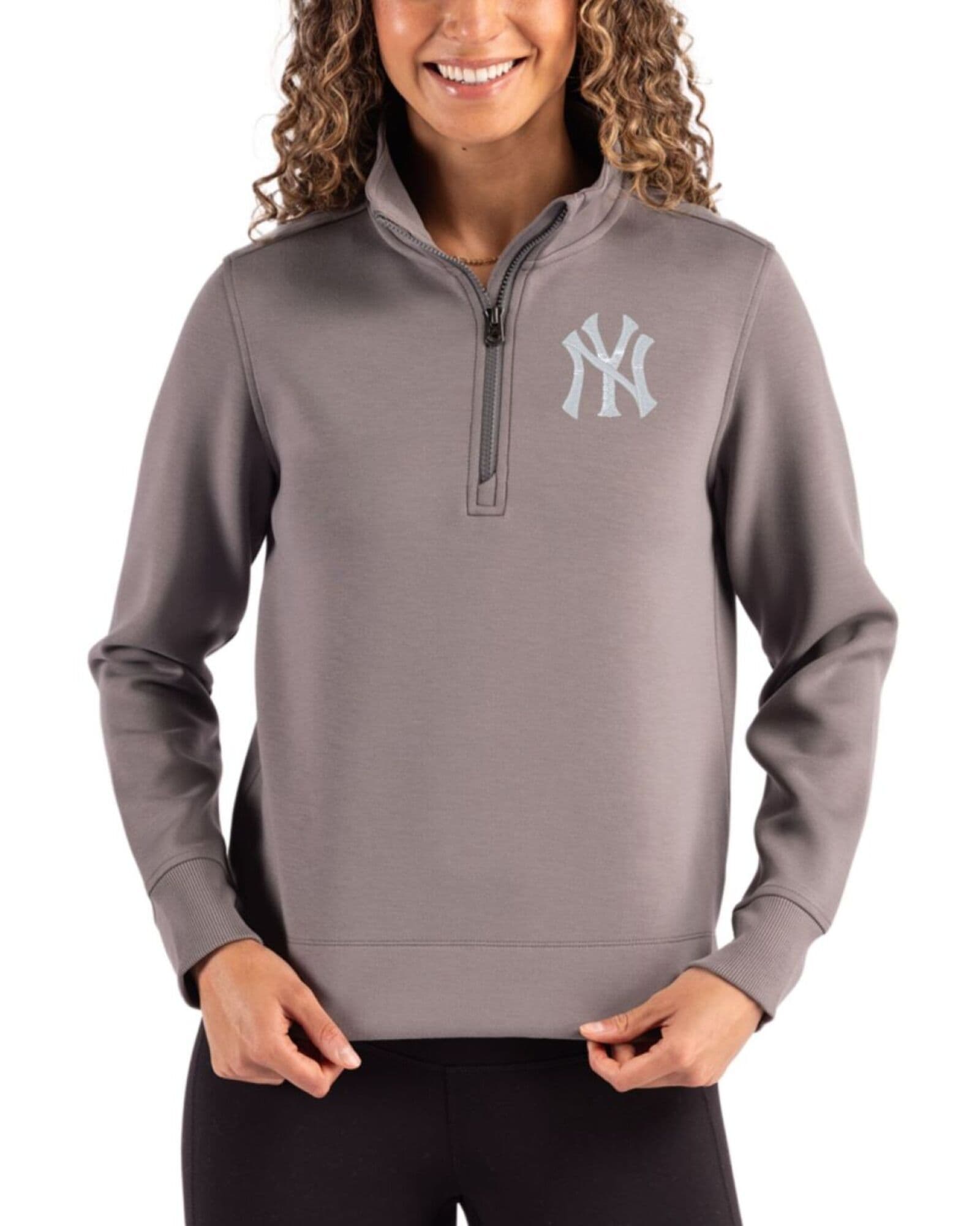 Women's New York Yankees Cutter & Buck Elemental Grey Roam Buttery-Soft Knit Quarter Zip Pullover