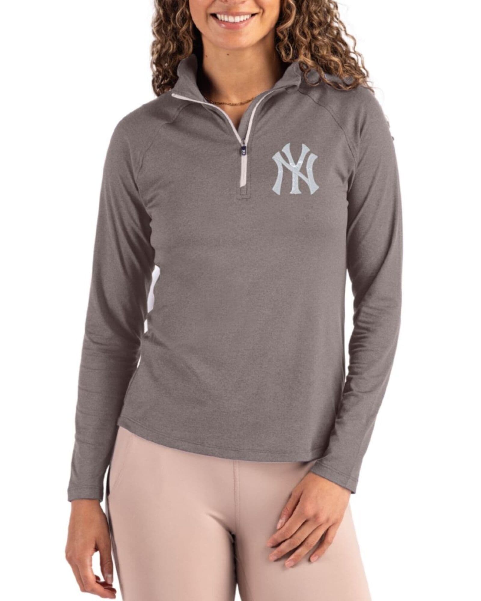 Women's New York Yankees Cutter & Buck Elemental Grey Coastline Double Peached Quarter Zip Pullover