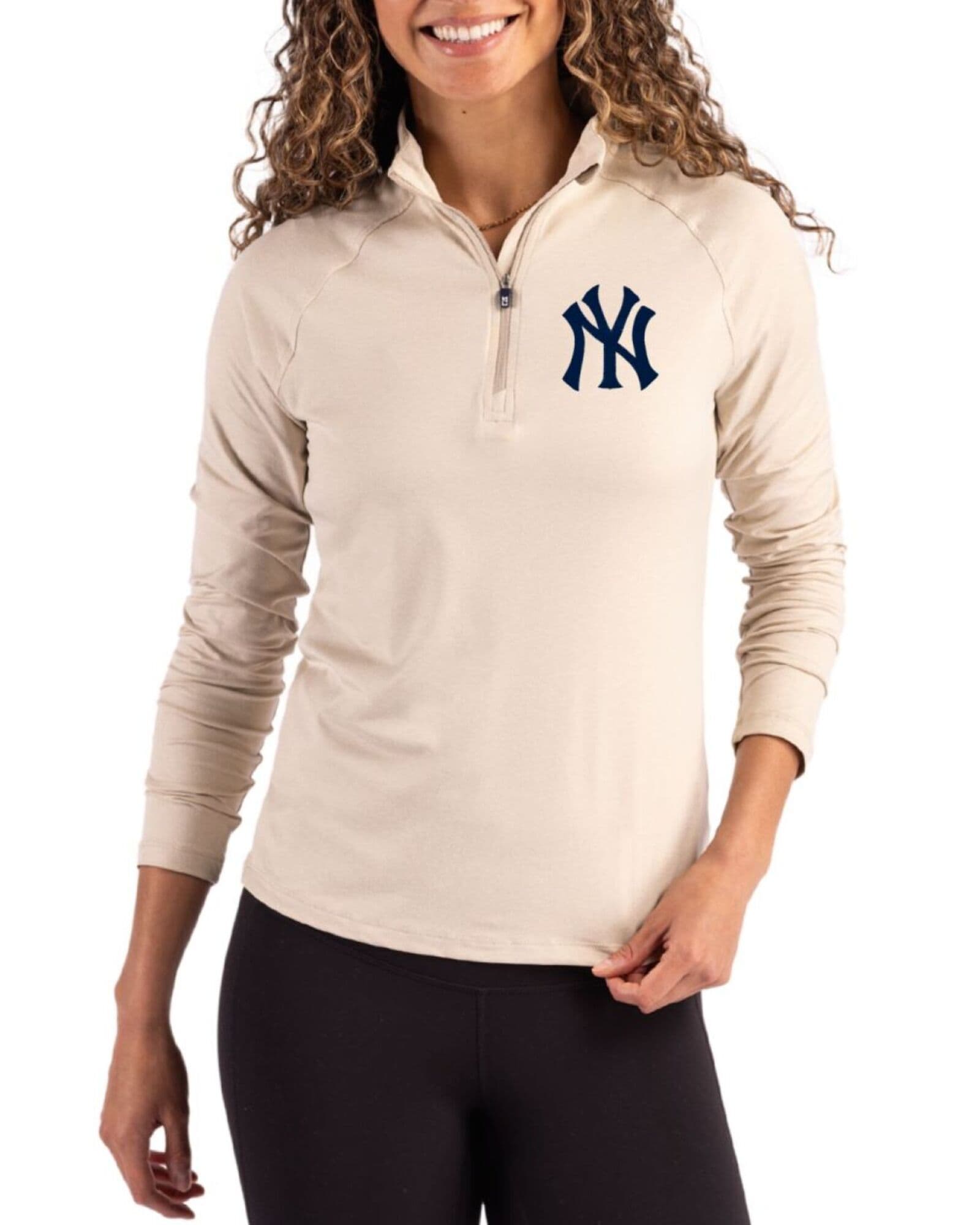 Women's New York Yankees Cutter & Buck Wheat Coastline Double Peached Quarter Zip Pullover