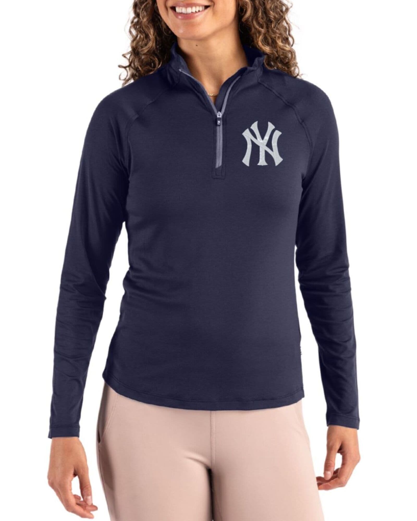 Women's New York Yankees Cutter & Buck Navy Blue Coastline Double Peached Quarter Zip Pullover