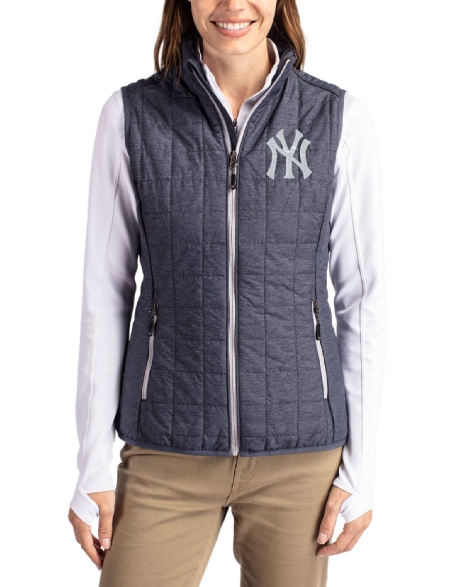 Women's New York Yankees Cutter & Buck Anthracite Melange Rainier Insulated Puffer Full Zip Vest