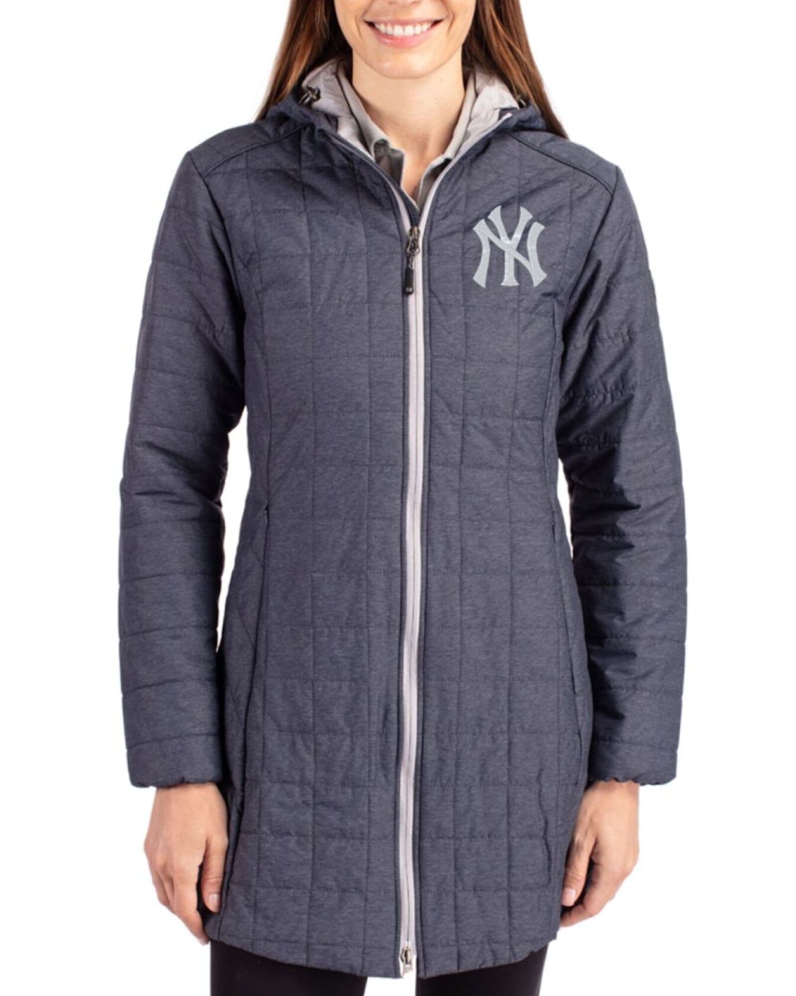 Women's New York Yankees Cutter & Buck Anthracite Melange Rainier Insulated Puffer Full Zip Hooded Long Coat