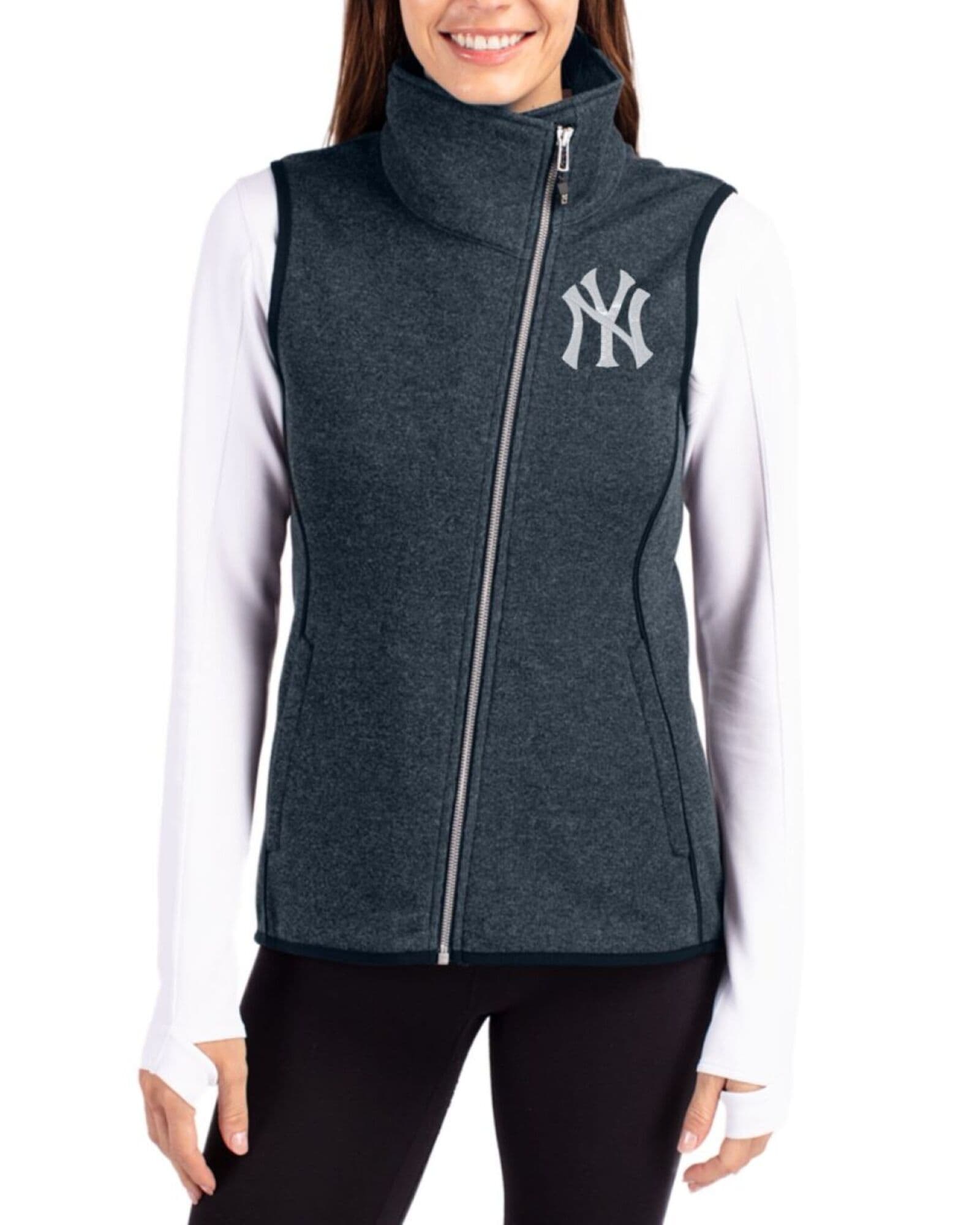 Women's New York Yankees Cutter & Buck Liberty Navy Heather Mainsail Sweater-Knit Full Zip Asymmetrical Vest