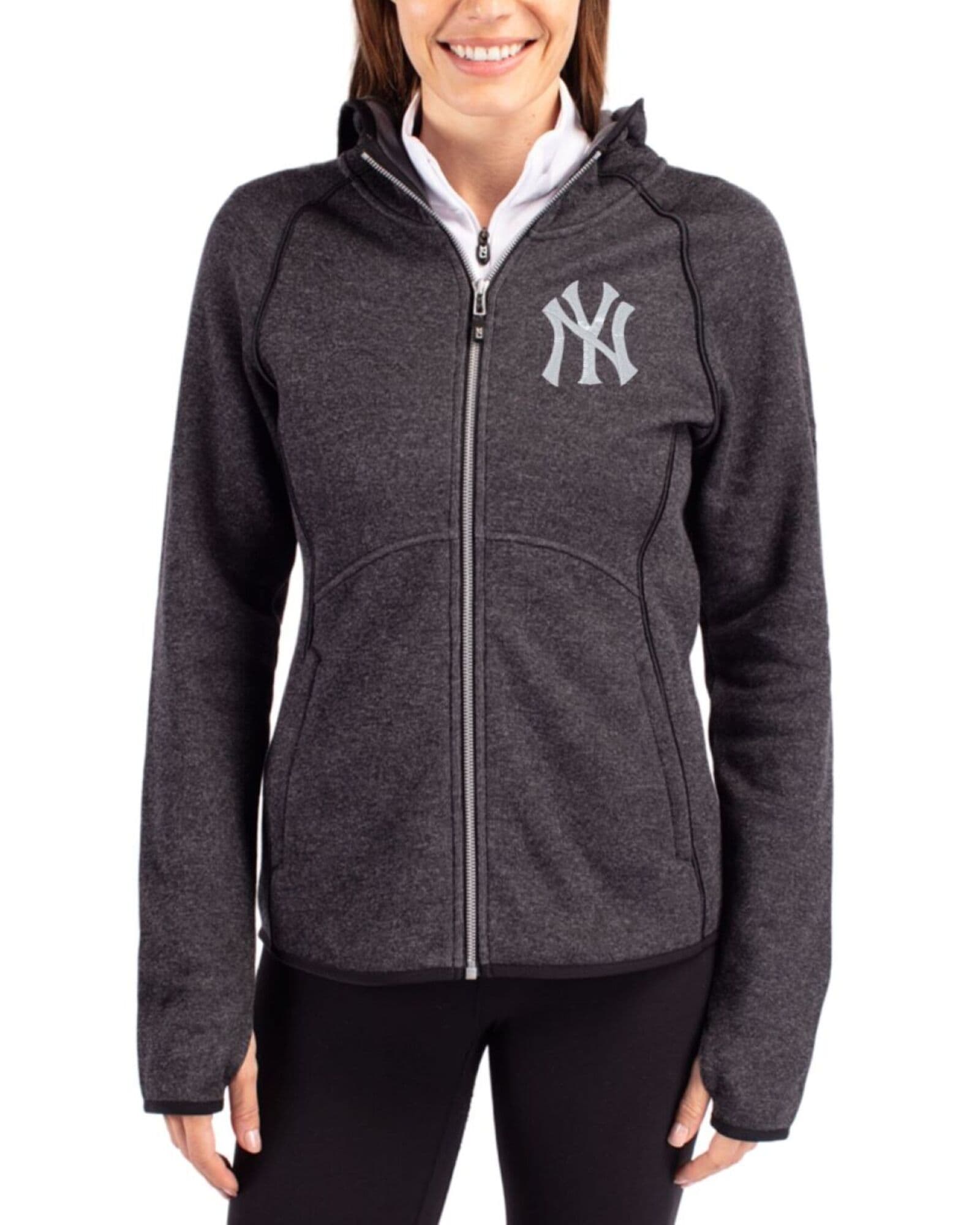 Women's New York Yankees Cutter & Buck Charcoal Heather Mainsail Sweater-Knit Full Zip Hooded Jacket