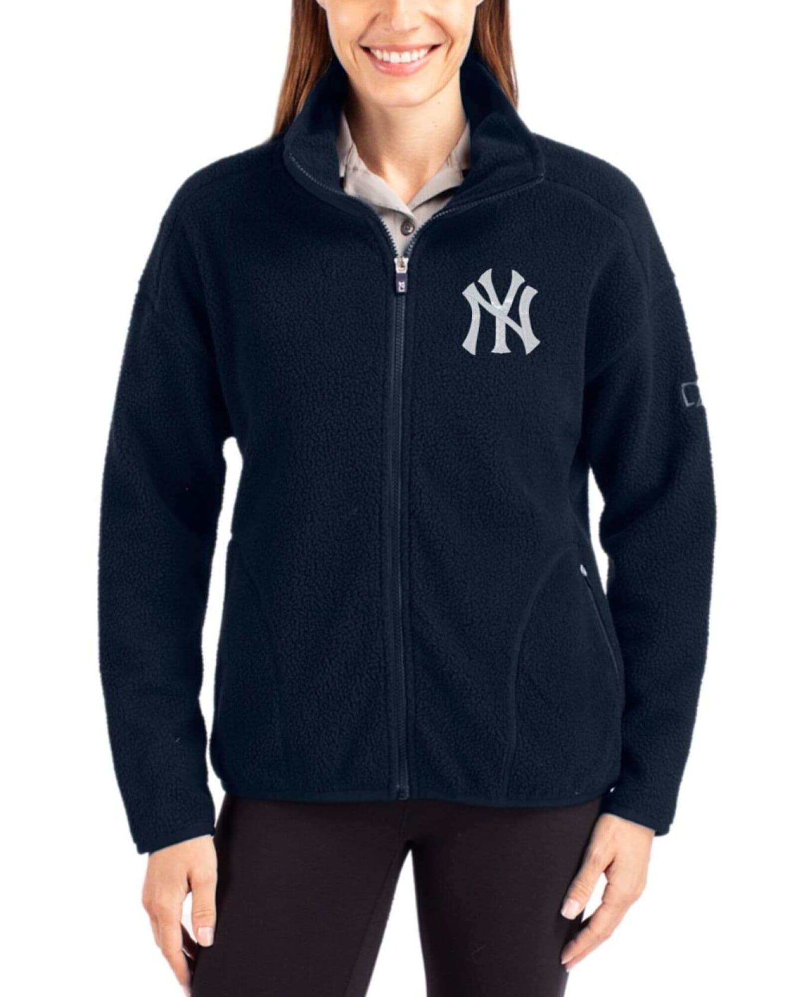 Women's New York Yankees Cutter & Buck Navy Blue Cascade Epic Comfort Sherpa Fleece Full Zip Jacket