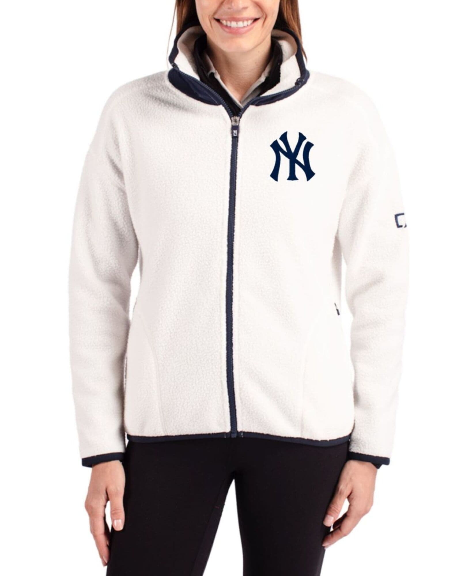 Women's New York Yankees Cutter & Buck Shell/Navy Blue Cascade Epic Comfort Sherpa Fleece Full Zip Jacket