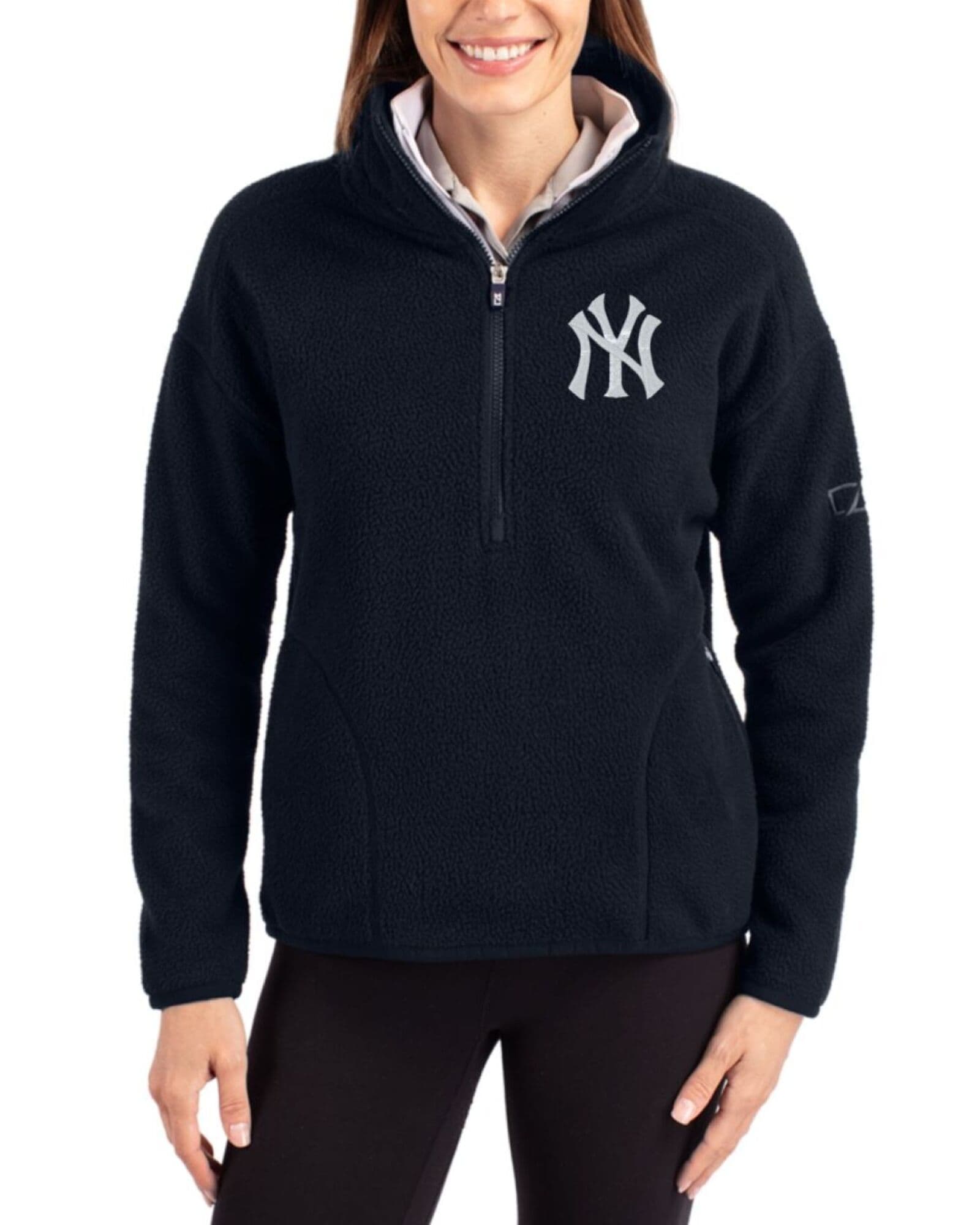 Women's New York Yankees Cutter & Buck Navy Blue Cascade Epic Comfort Sherpa Fleece Pullover Jacket