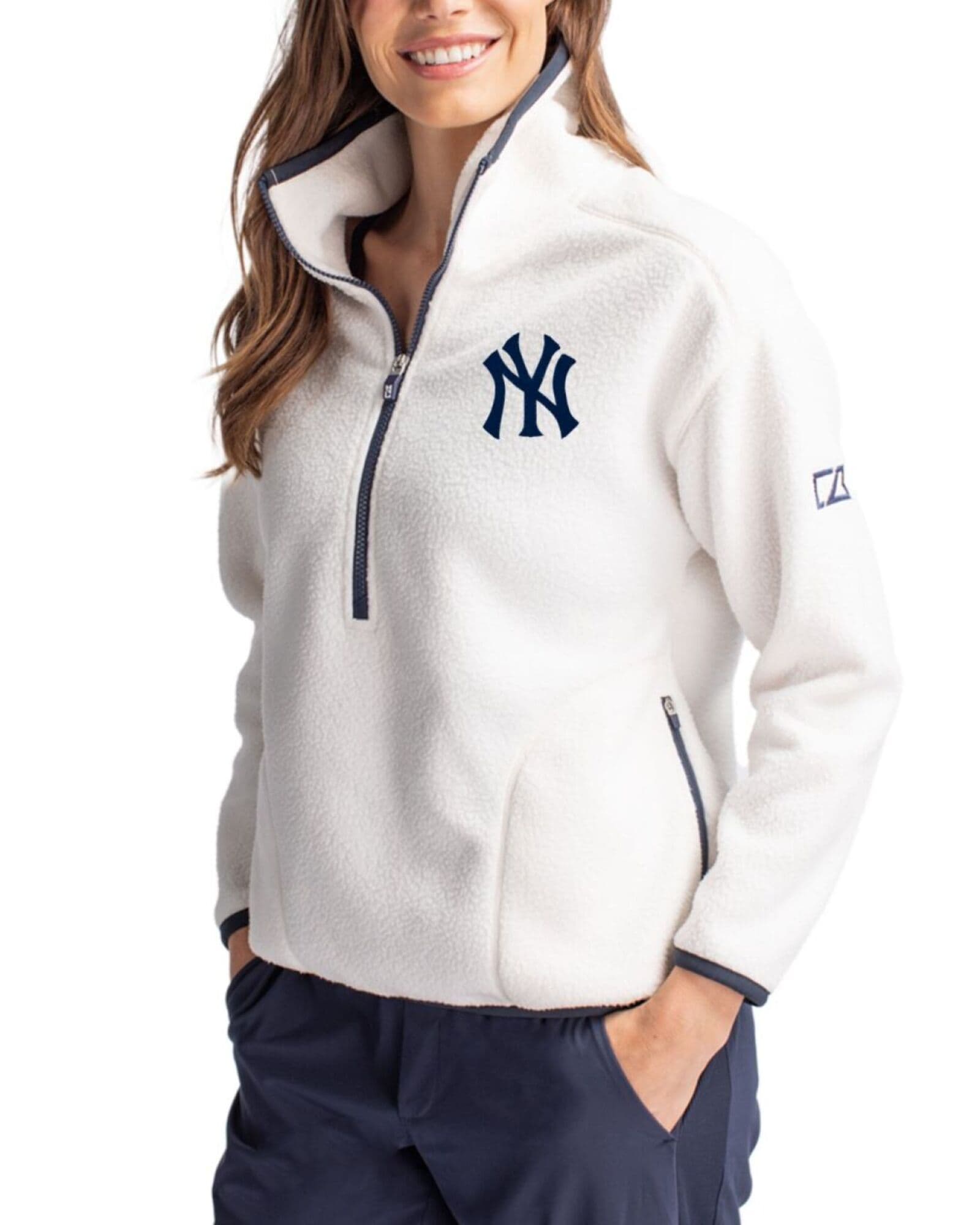 Women's New York Yankees Cutter & Buck Shell/Navy Blue Cascade Epic Comfort Sherpa Fleece Pullover Jacket