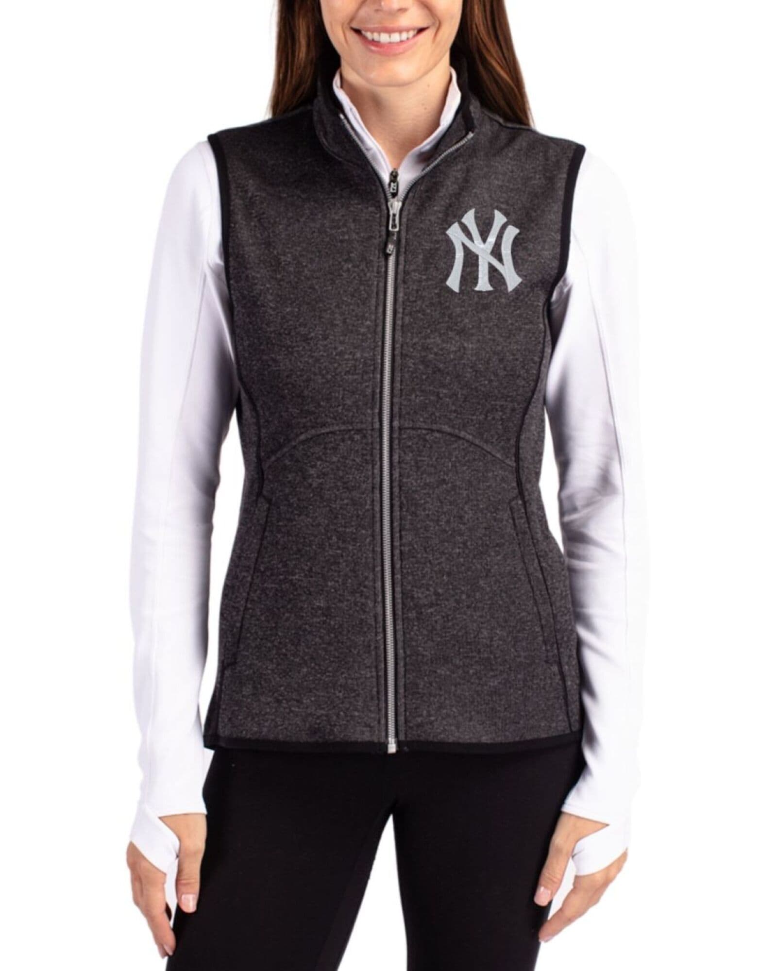 Women's New York Yankees Cutter & Buck Charcoal Heather Mainsail Sweater-Knit Full Zip Vest