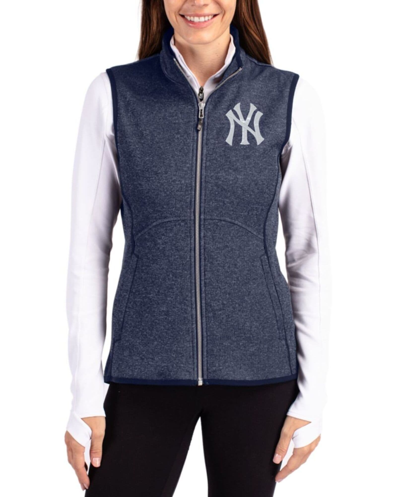 Women's New York Yankees Cutter & Buck Liberty Navy Heather Mainsail Sweater-Knit Full Zip Vest