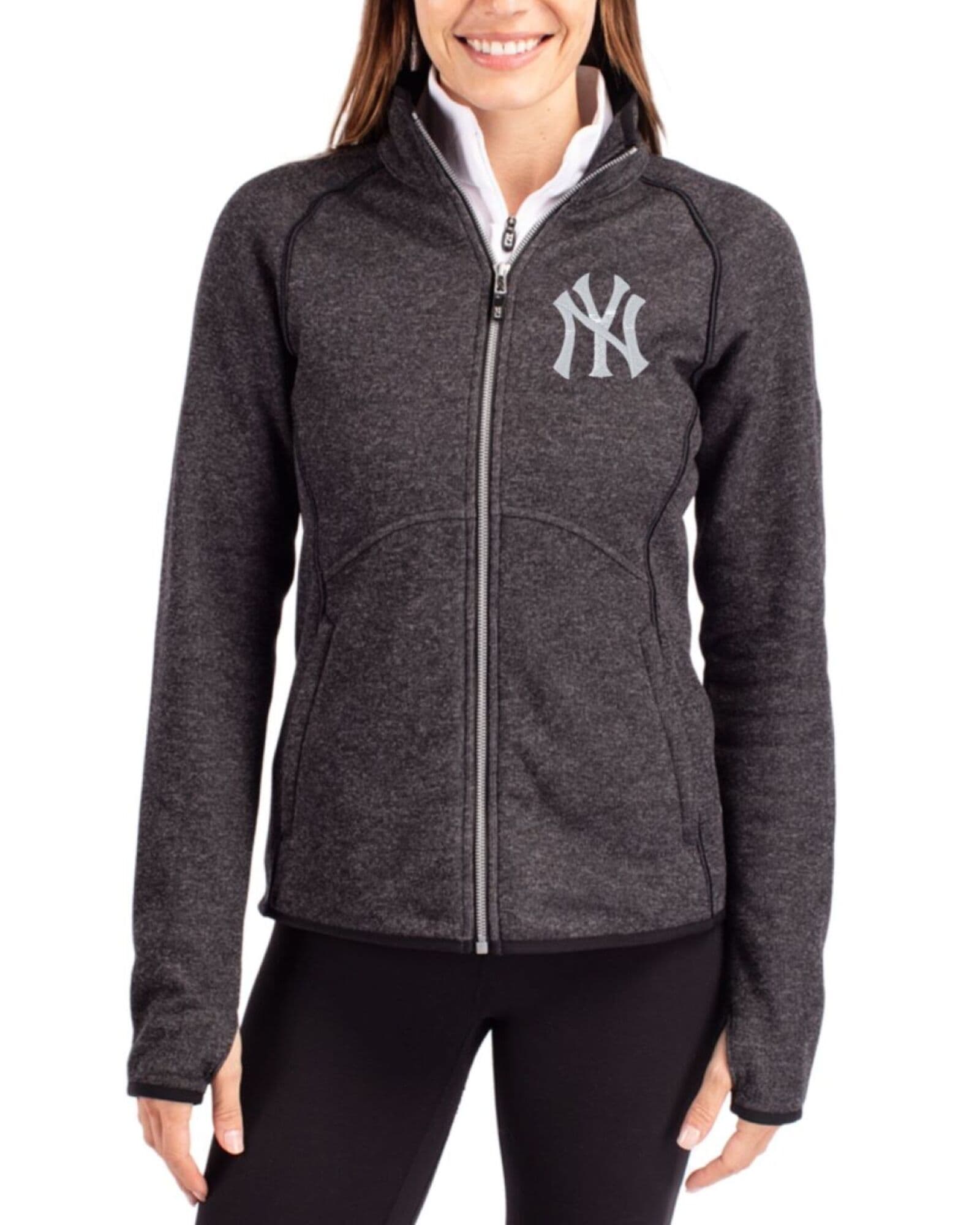 Women's New York Yankees Cutter & Buck Charcoal Heather Mainsail Sweater-Knit Full Zip Jacket