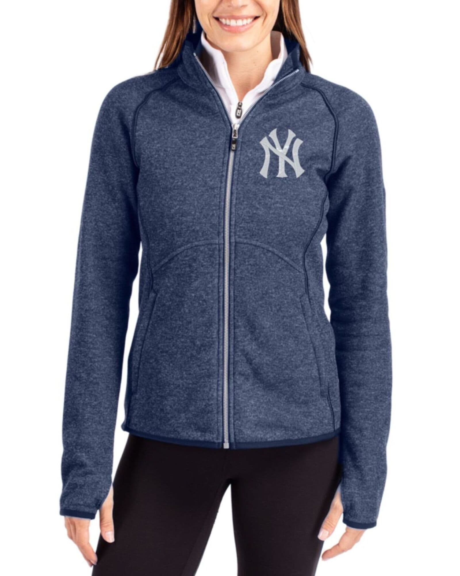Women's New York Yankees Cutter & Buck Liberty Navy Heather Mainsail Sweater-Knit Full Zip Jacket